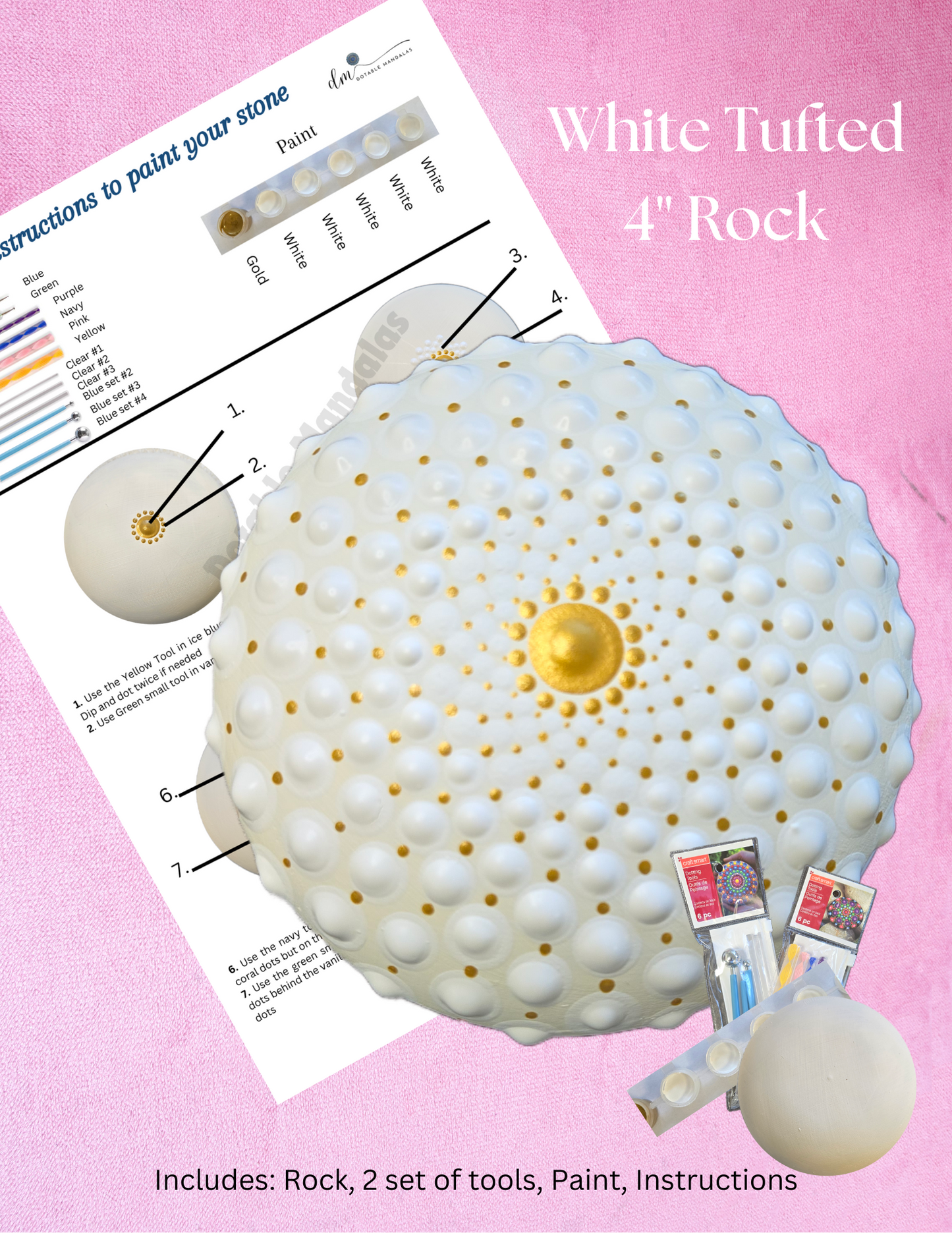 4" White Tufted Rock Dot-Painting Kit