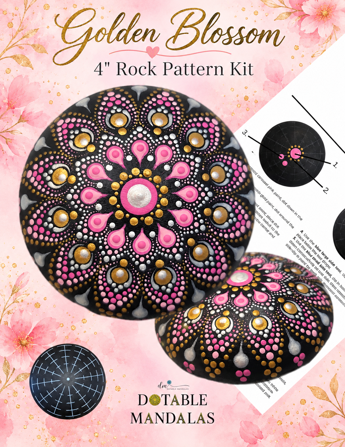 Pink and Gold Blossom Mandala Rock Dot-Painting Pattern Kit