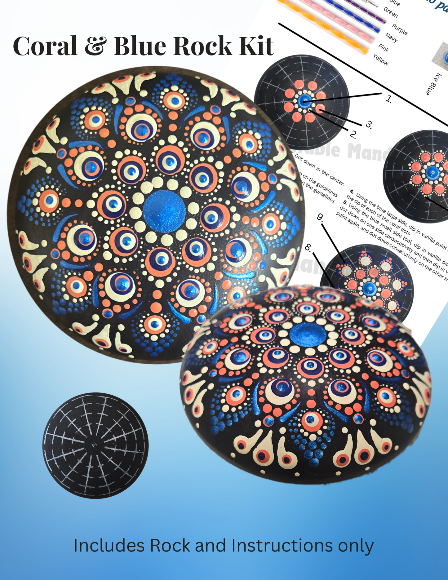 Coral & Blue 4" Rock Dot-Painting Pattern Kit