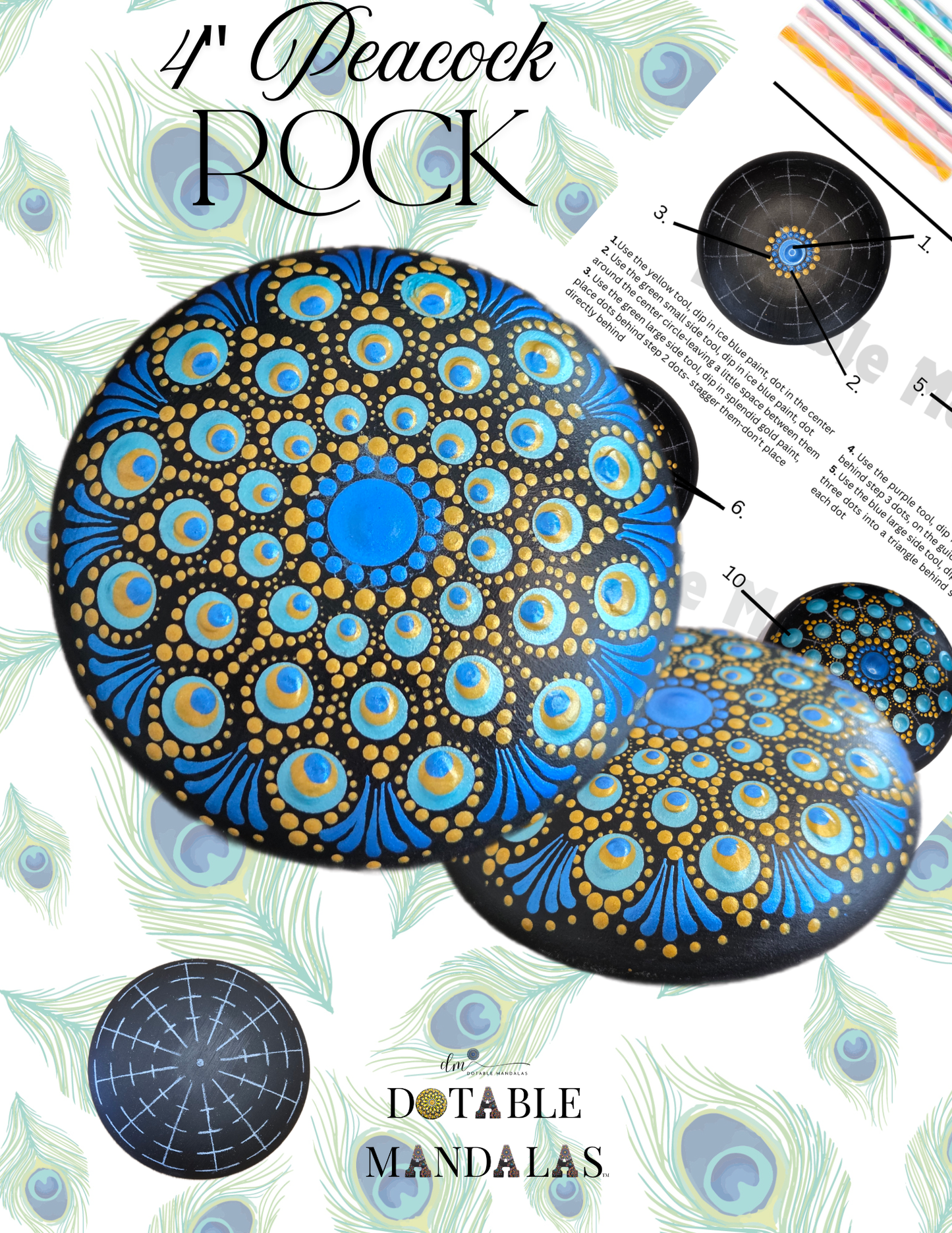 Peacock 4" Rock (2nd version) Dot-Painting Pattern Kit