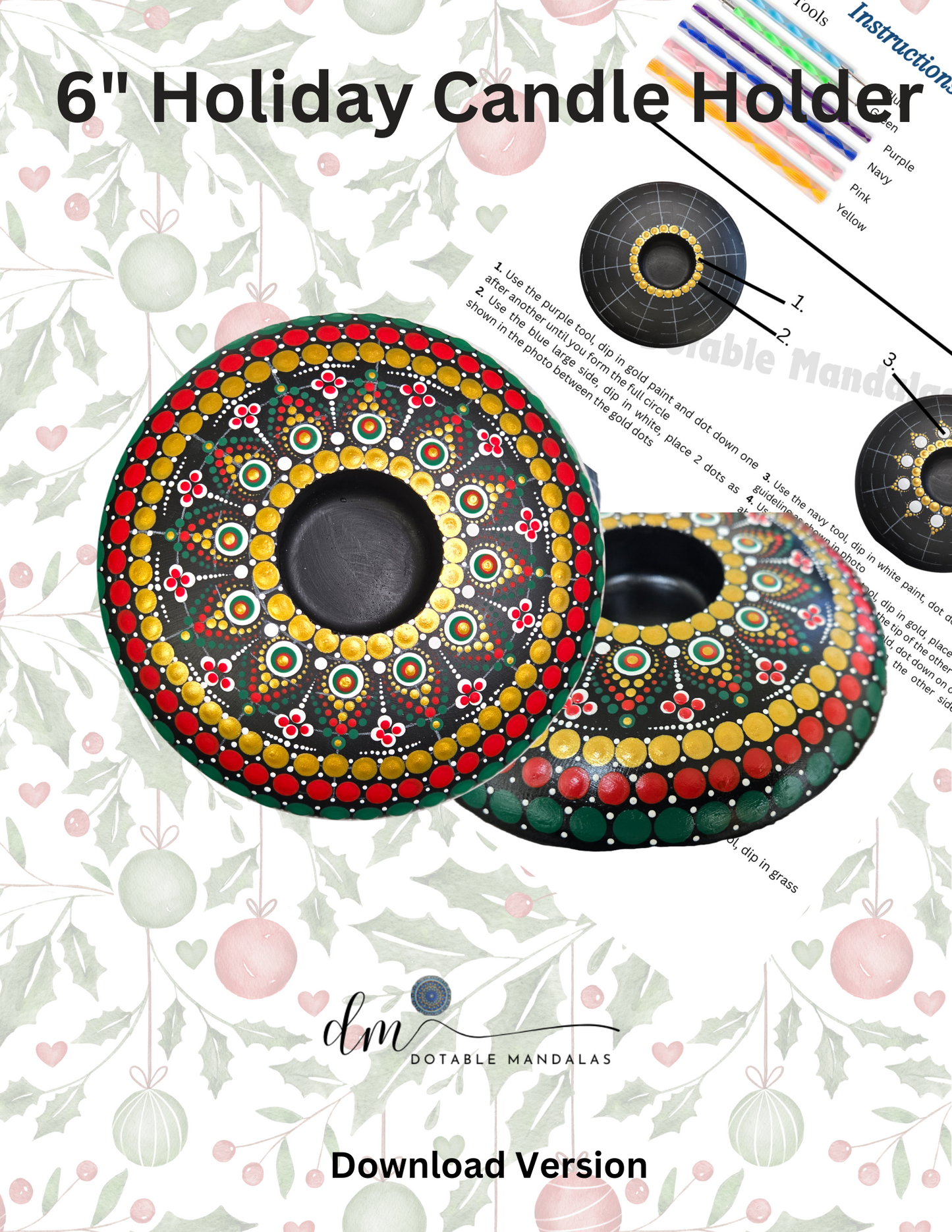 6" Holiday Theme Candle Holder Dot-Painting Pattern-Download Version
