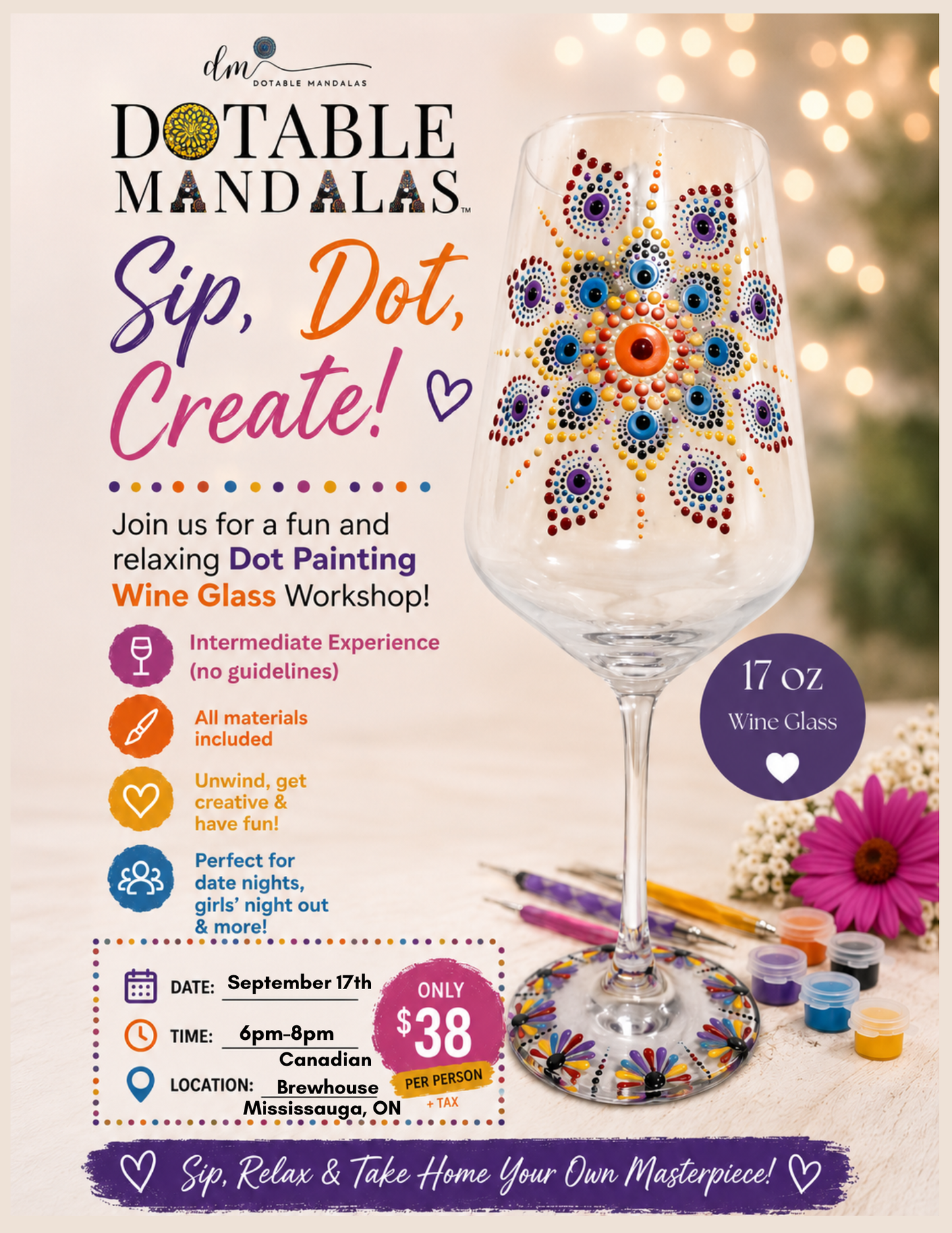 Mississauga-Sip, Dot & Unwind -Wine glass Dot-Painting Workshop