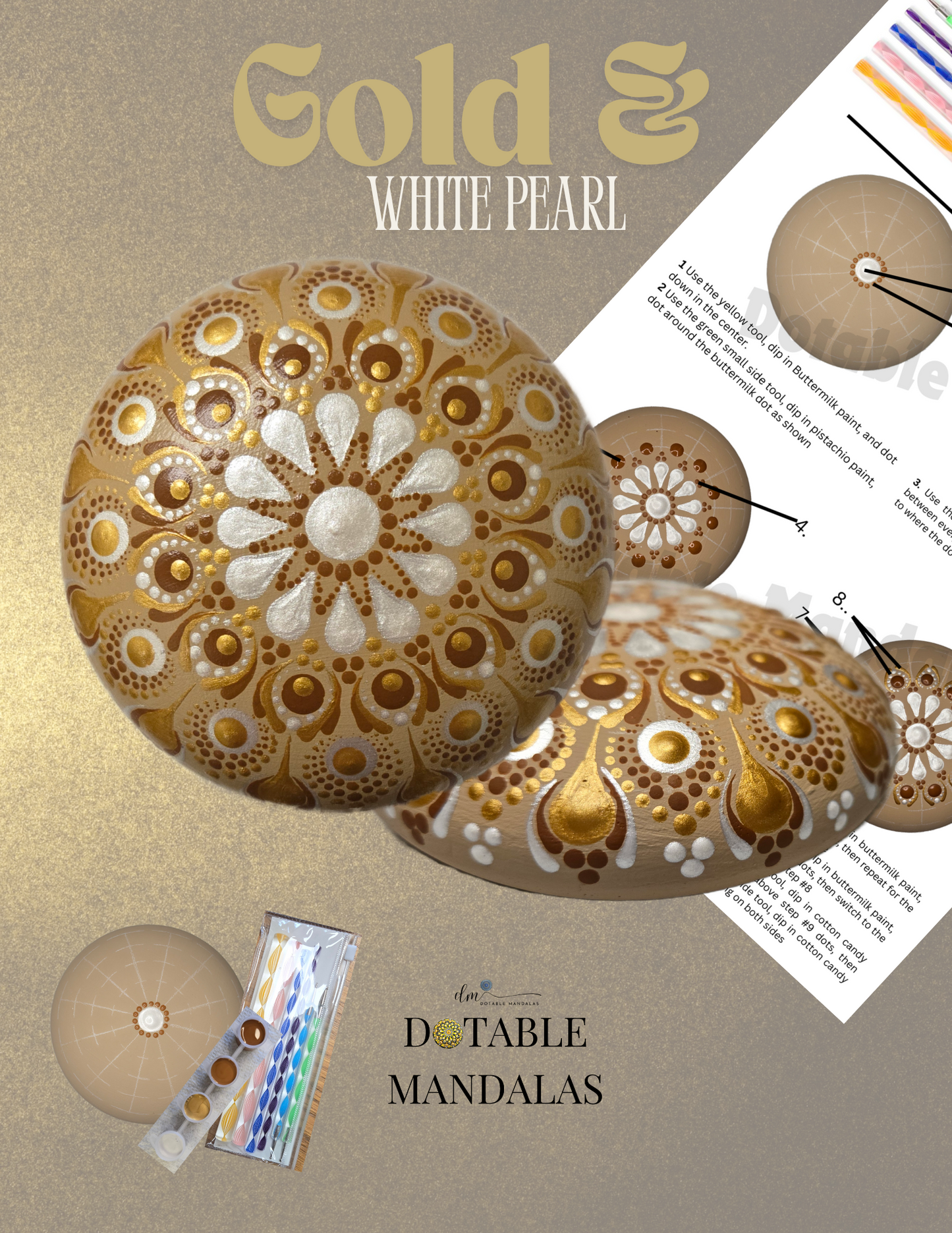 4" Rock Gold & White Pearl Dot-Painting Pattern Kit