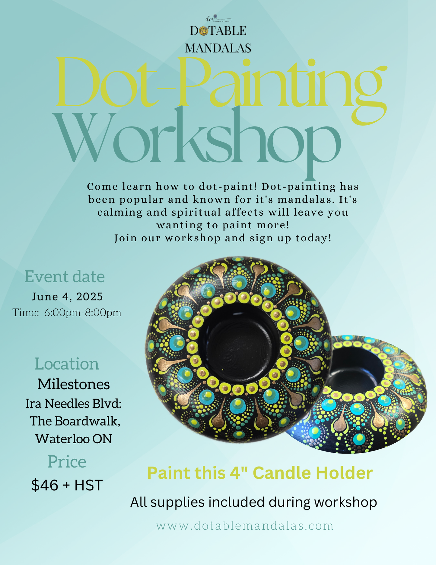Waterloo-4" Candle Holder Mandala Rock Dot-Painting Workshop