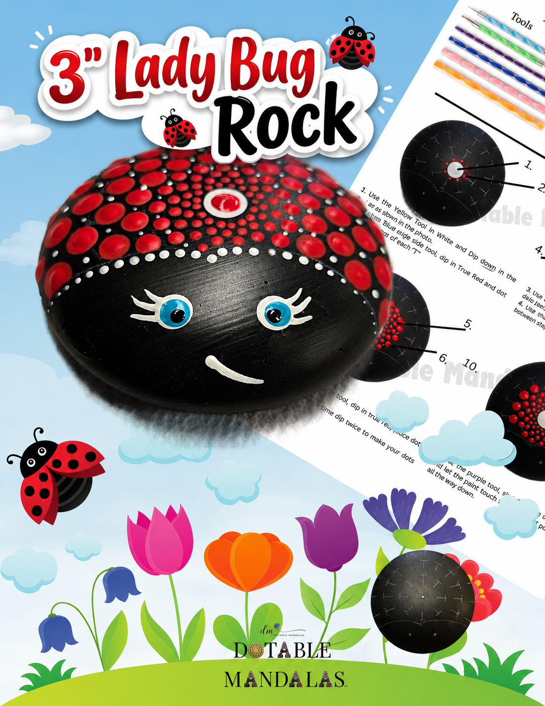 Lady Bug 3" Rock Dot-Painting Pattern Kit