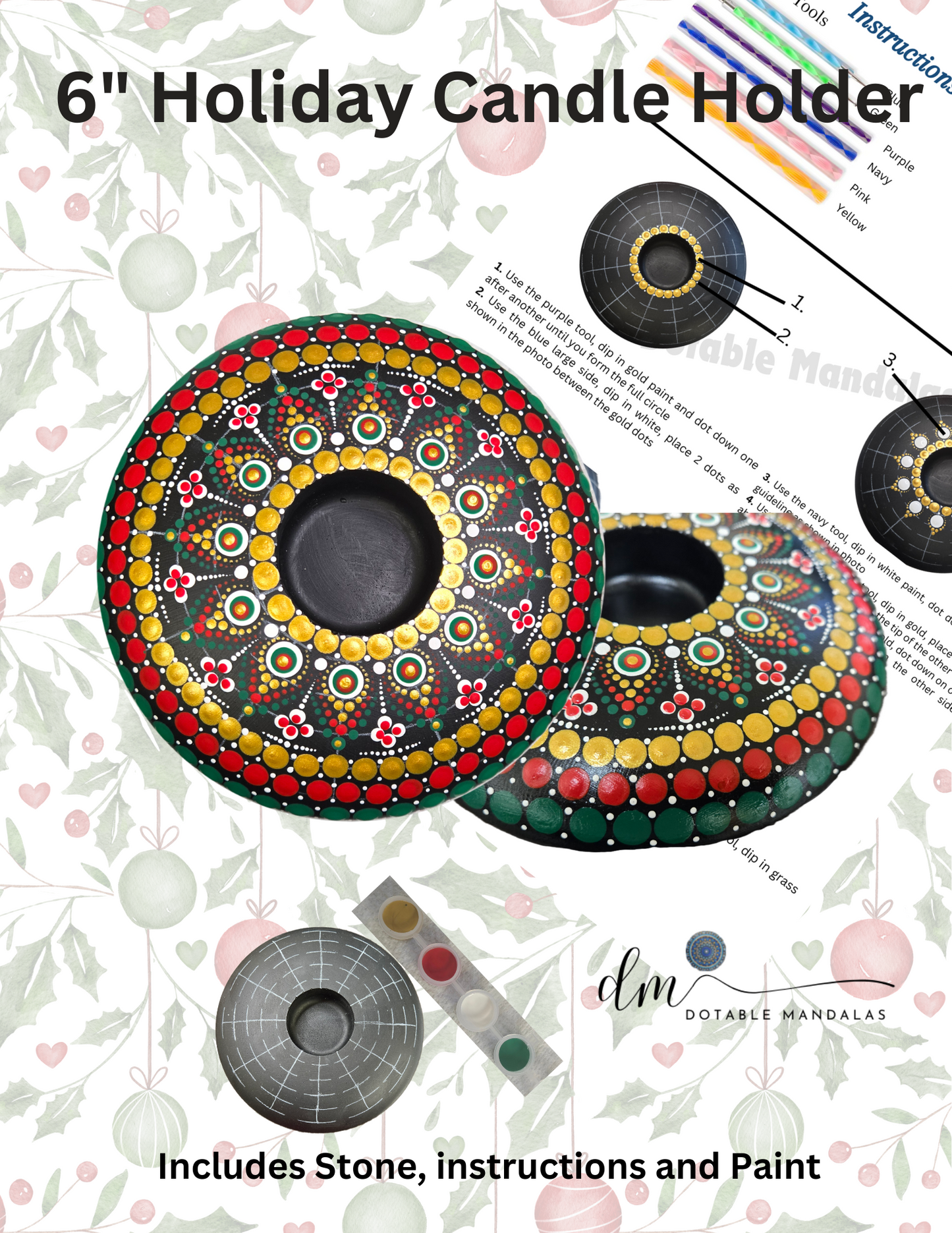 6" Holiday Theme Candle Holder Dot-Painting Pattern Kit