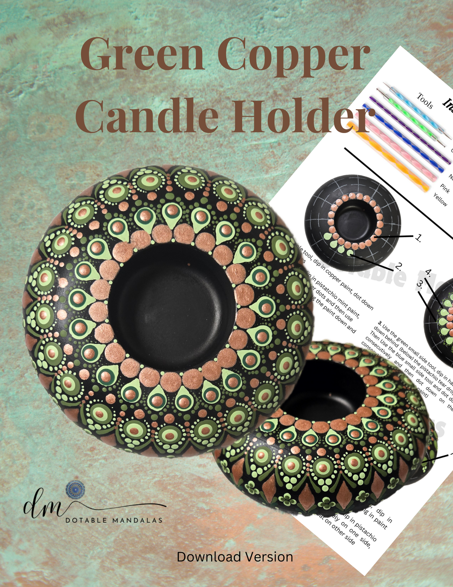 Green Copper Tea Light Candle Holder Dot-Painting Kit-Download Version