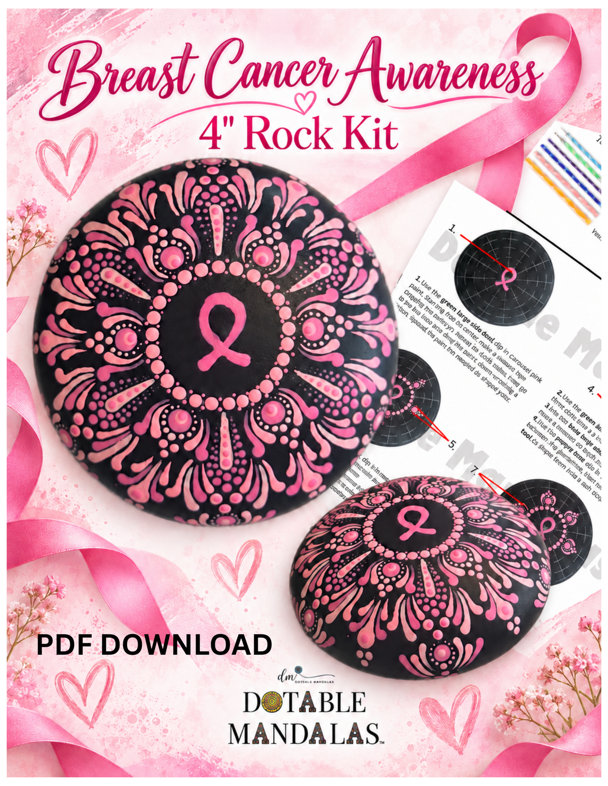 Breast Cancer Awareness 4" Rock Dot-Painting Pattern -PDF Download
