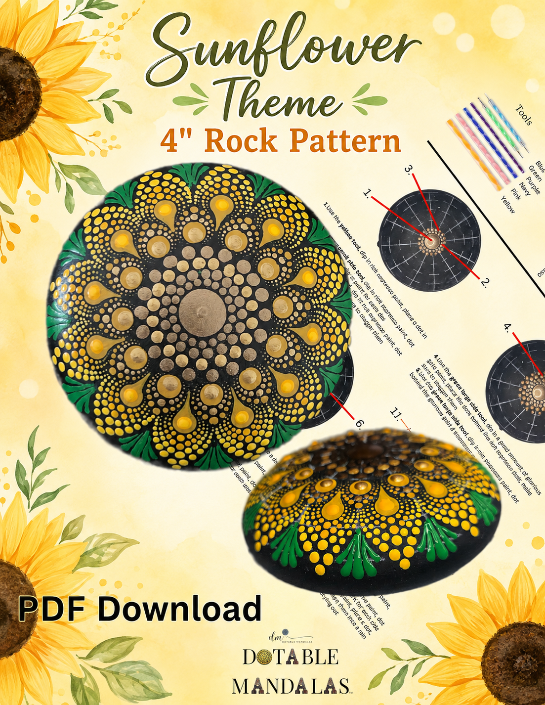 Sunflower Theme 4" Rock Dot-Painting Pattern -PDF Download
