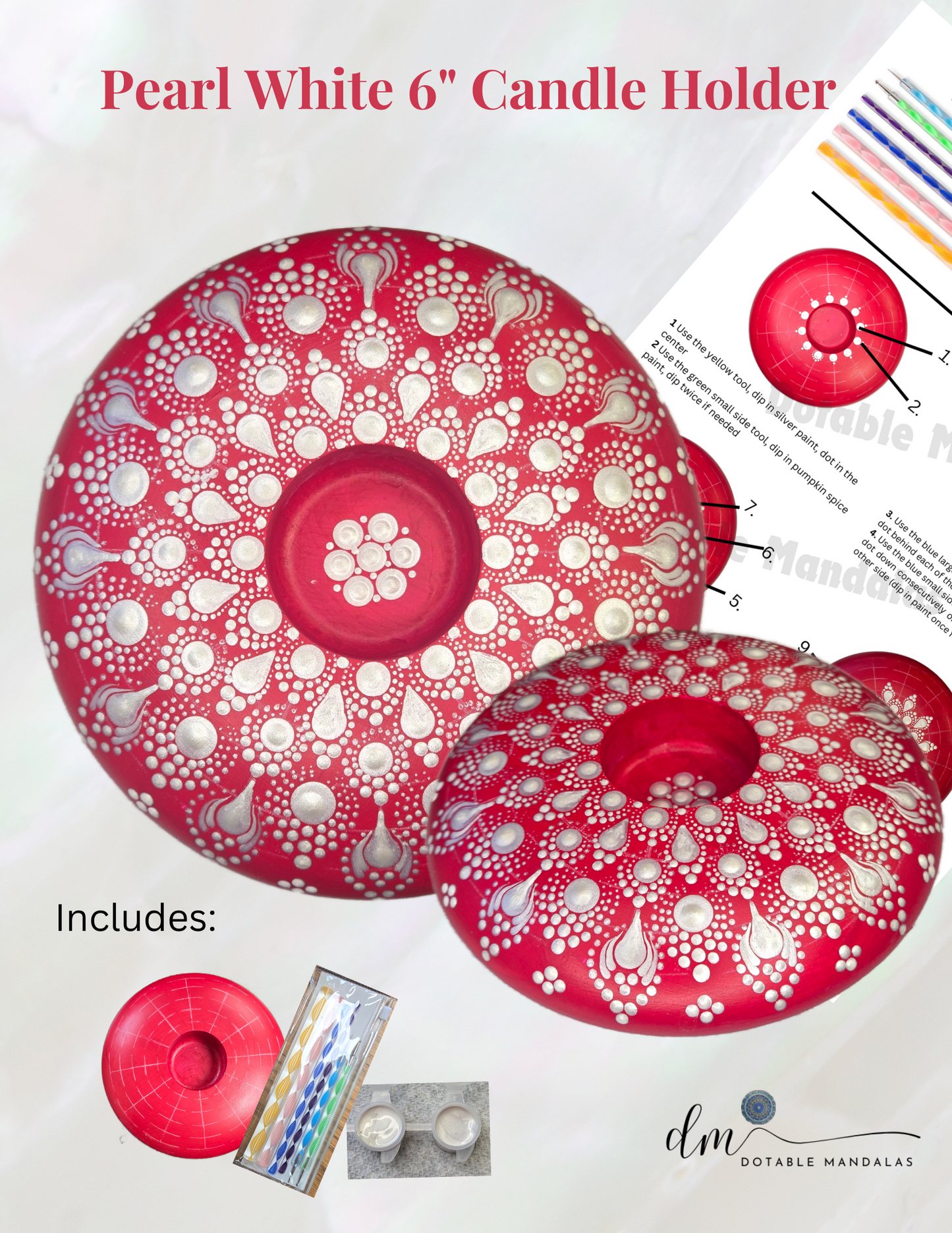 6" Pearl White & Red Candle Holder Dot-Painting Kit