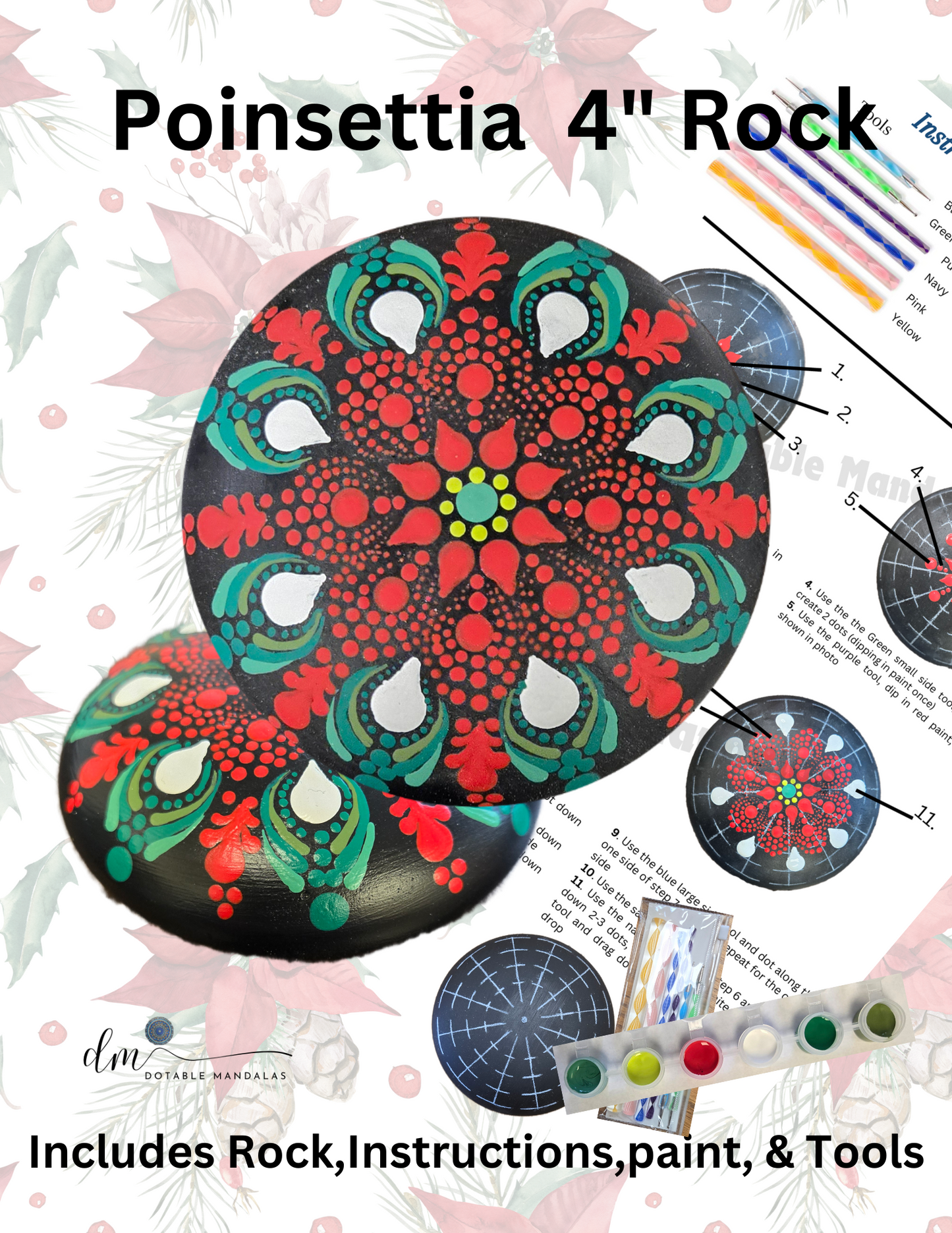 Poinsettia 4" Rock Dot-Painting Pattern Kit