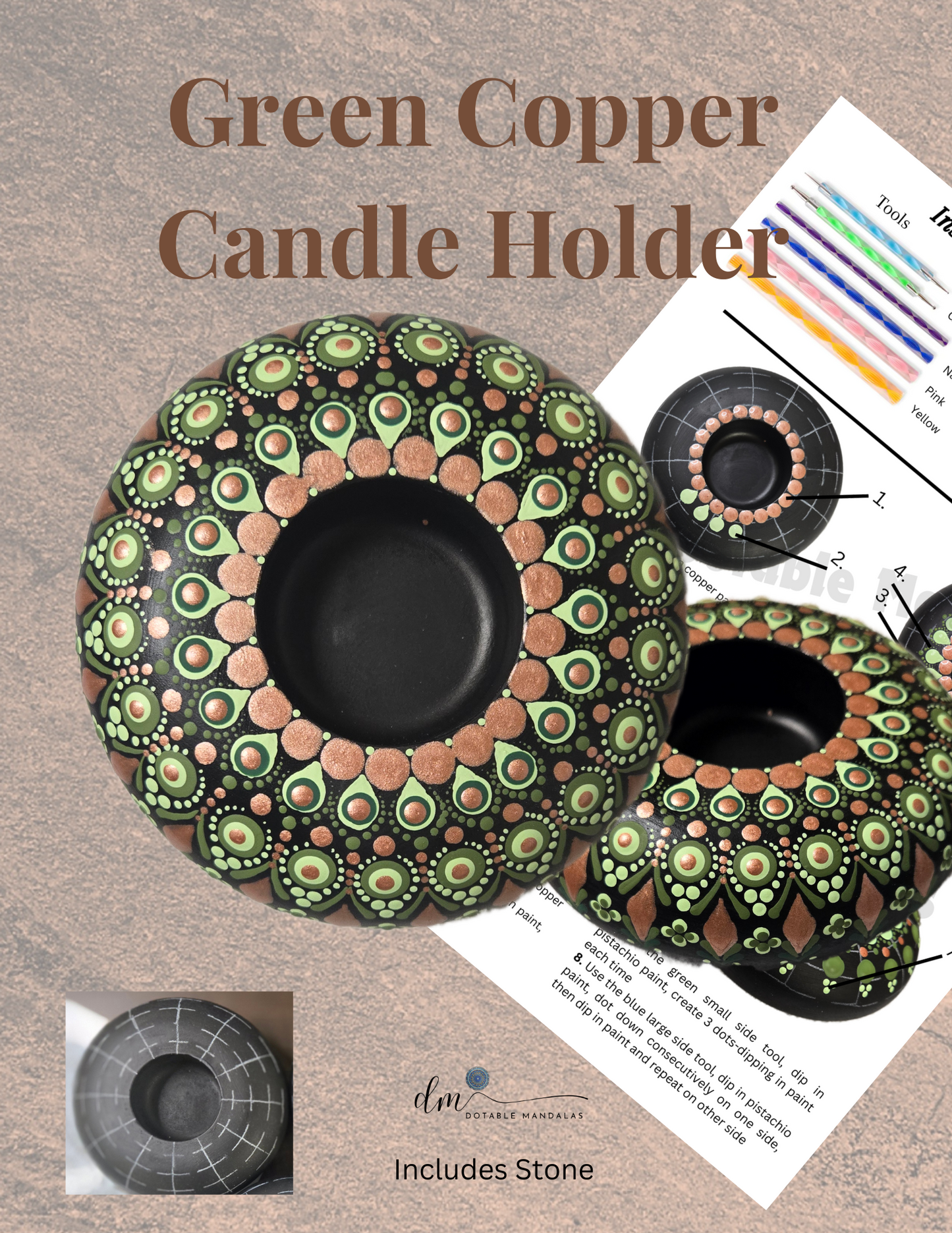 4" Green Copper Candle Holder Dot-Painting Pattern Kit