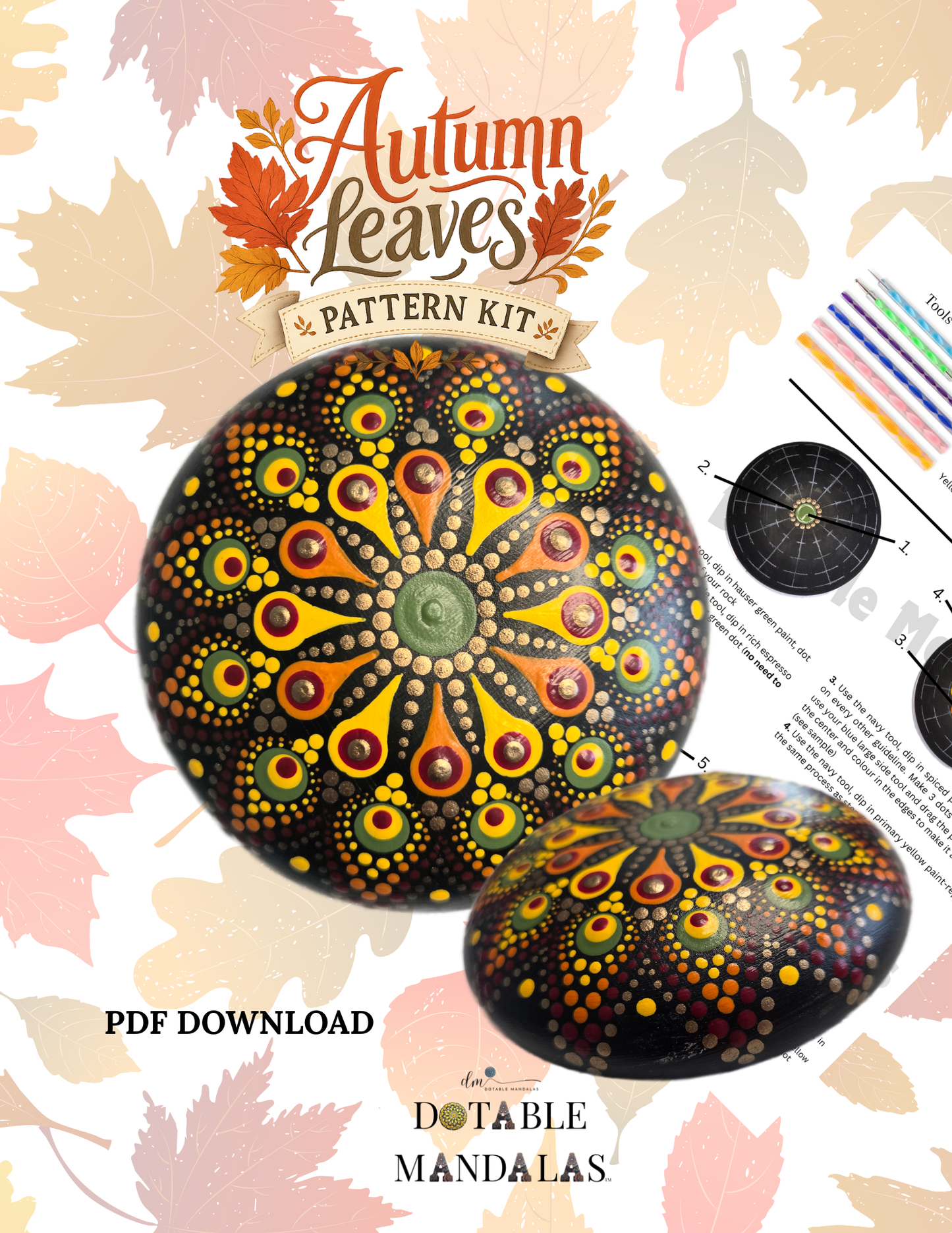 Autumn Leaves 4" Rock Dot-Paunting Pattern Kit– Digital Download Version