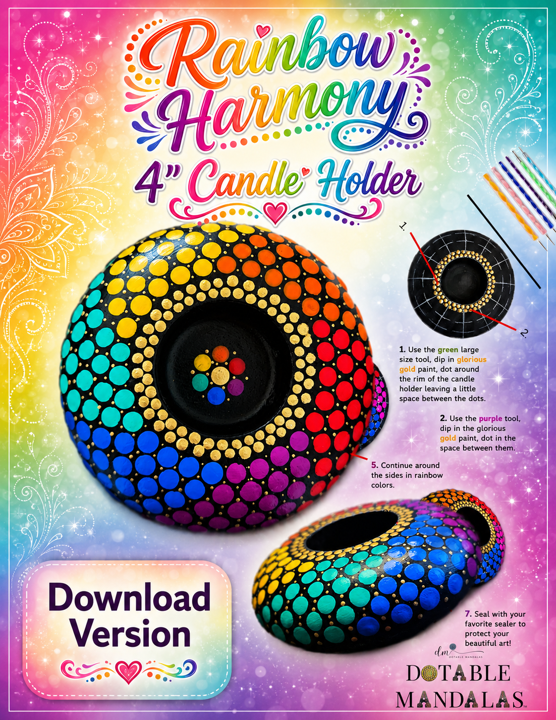Rainbow Harmony 4" Candle Holder Dot-Painting Pattern-Download Version