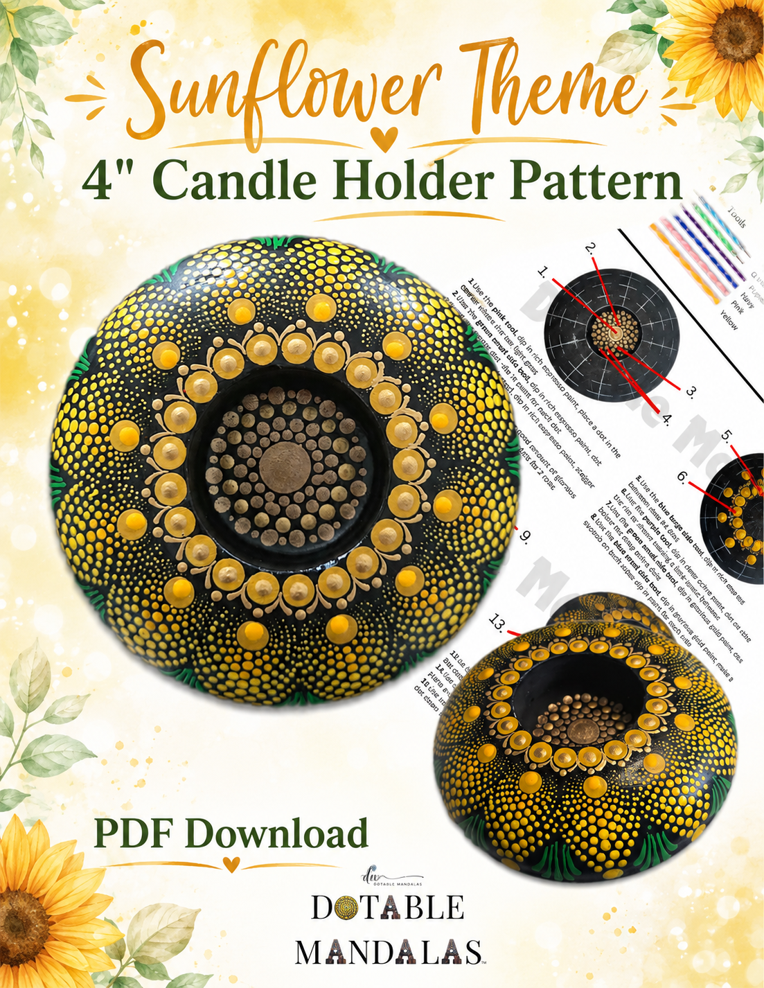 Sunflower Theme 4" Candle Holder Dot-Painting Pattern– PDF Download