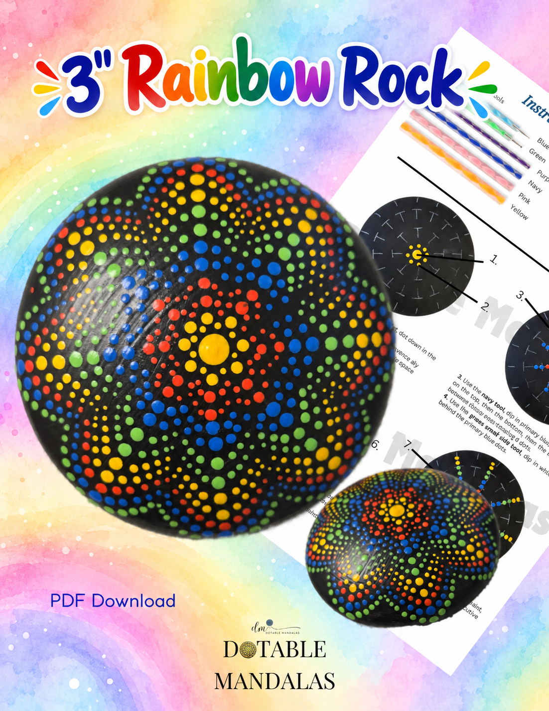 3" Rainbow Rock Dot-Painting Pattern-PDF Download