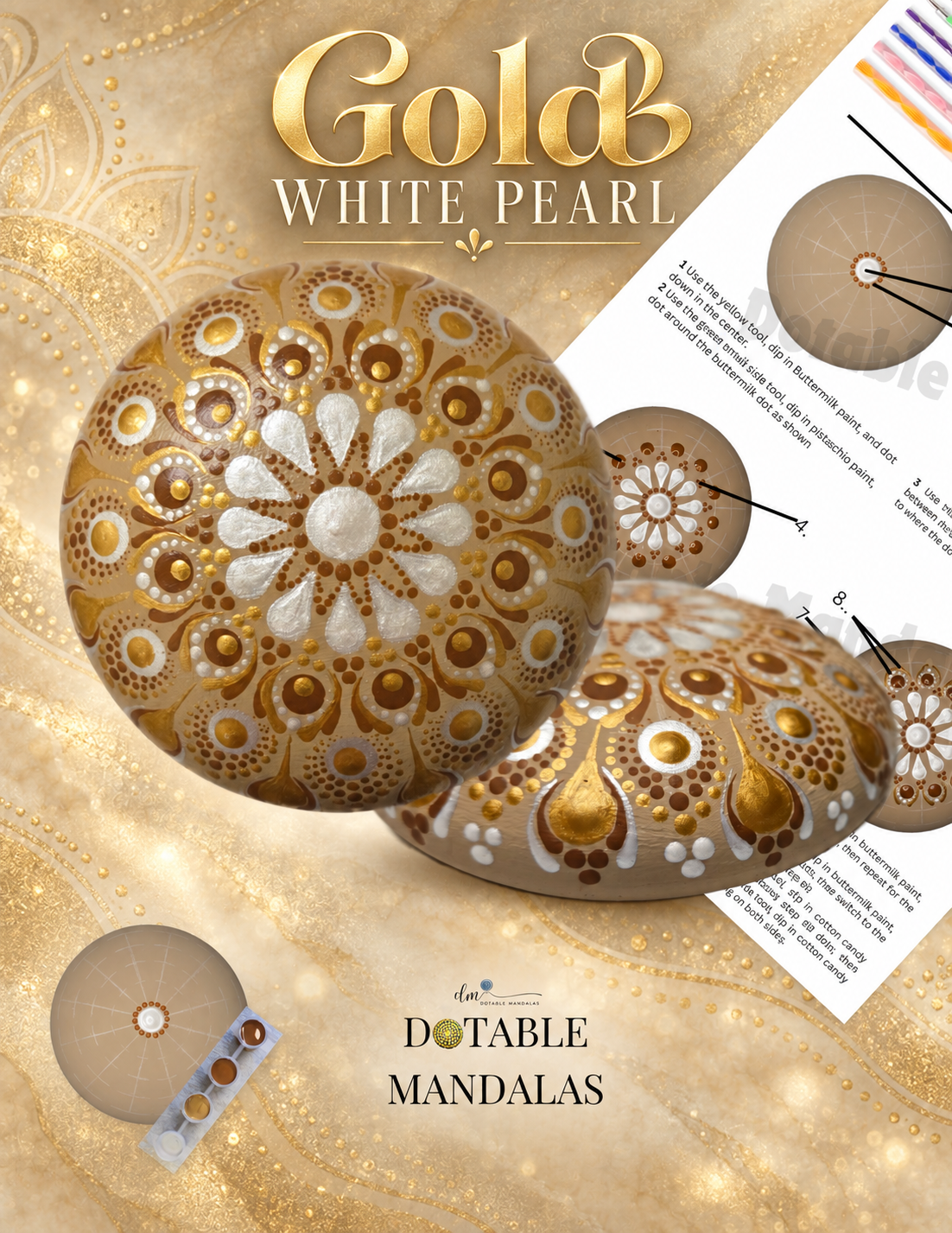 Gold & White Pearl 4" Rock Dot-Painting Pattern Kit