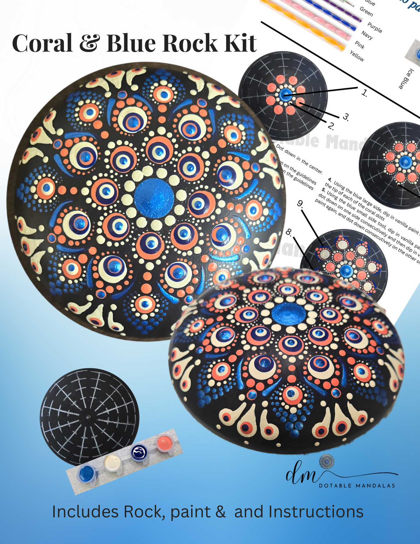 Coral & Blue Mandala 4" Rock Design Kit