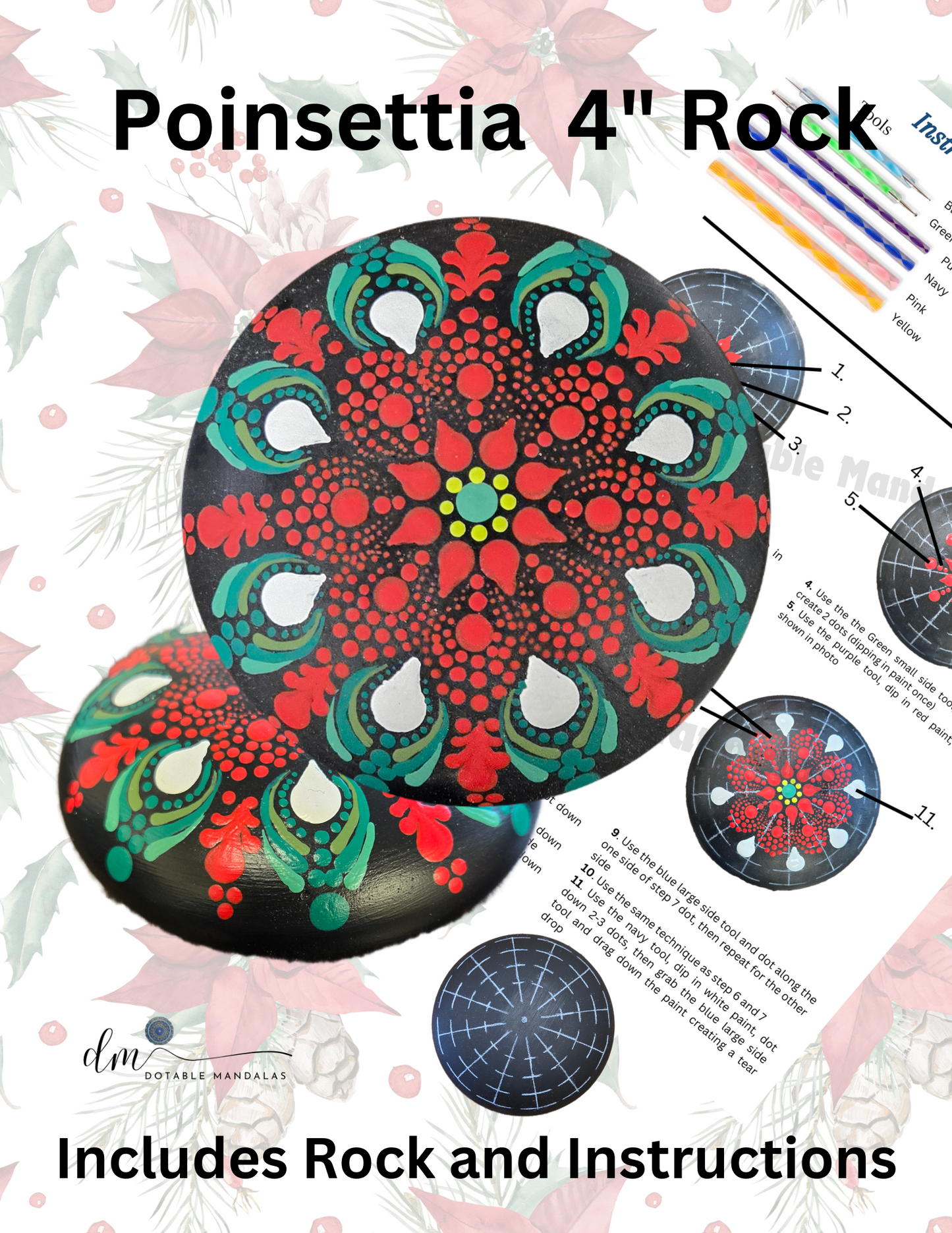 Poinsettia 4" Rock Dot-Painting Pattern Kit