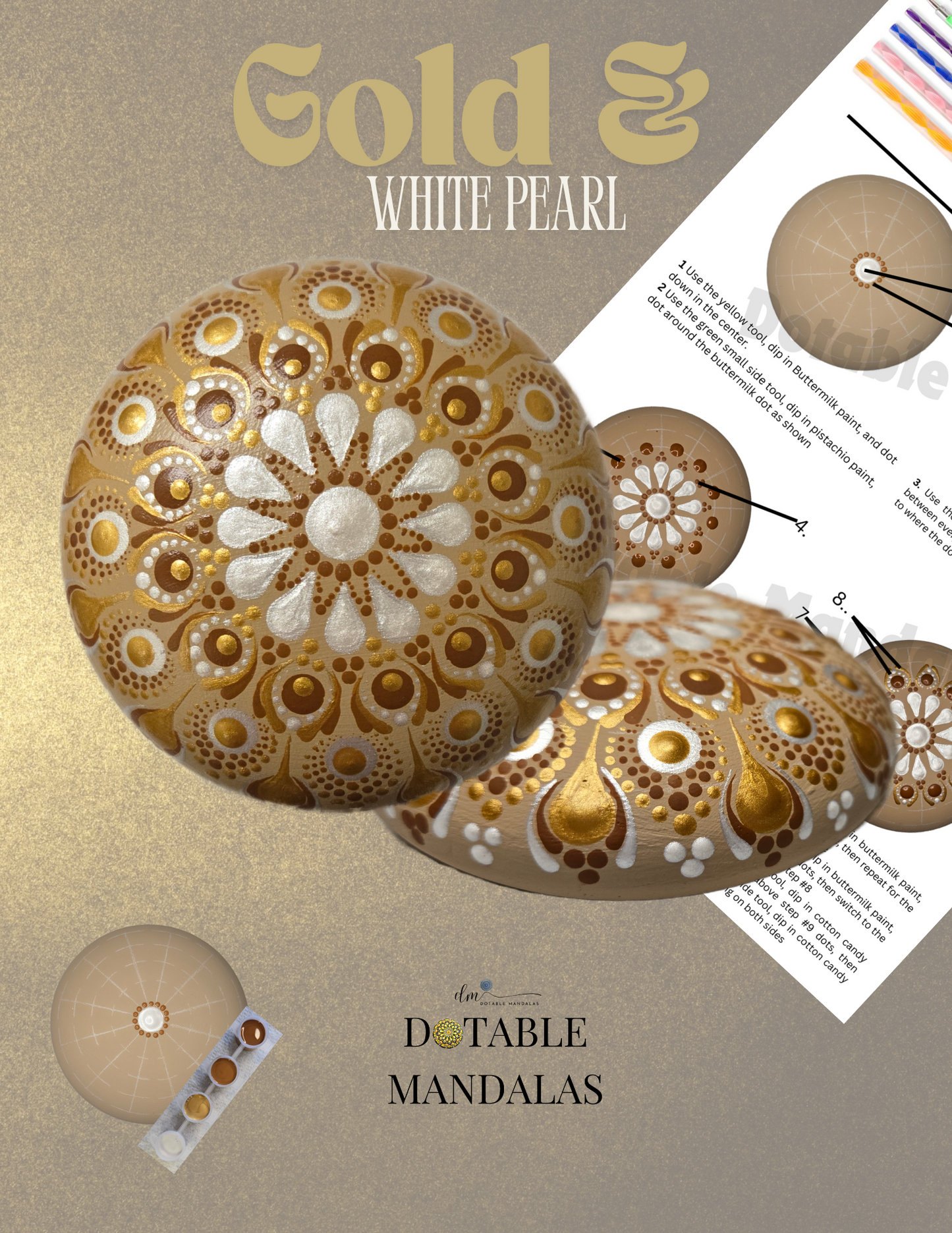 4" Rock Gold & White Pearl Dot-Painting Pattern Kit