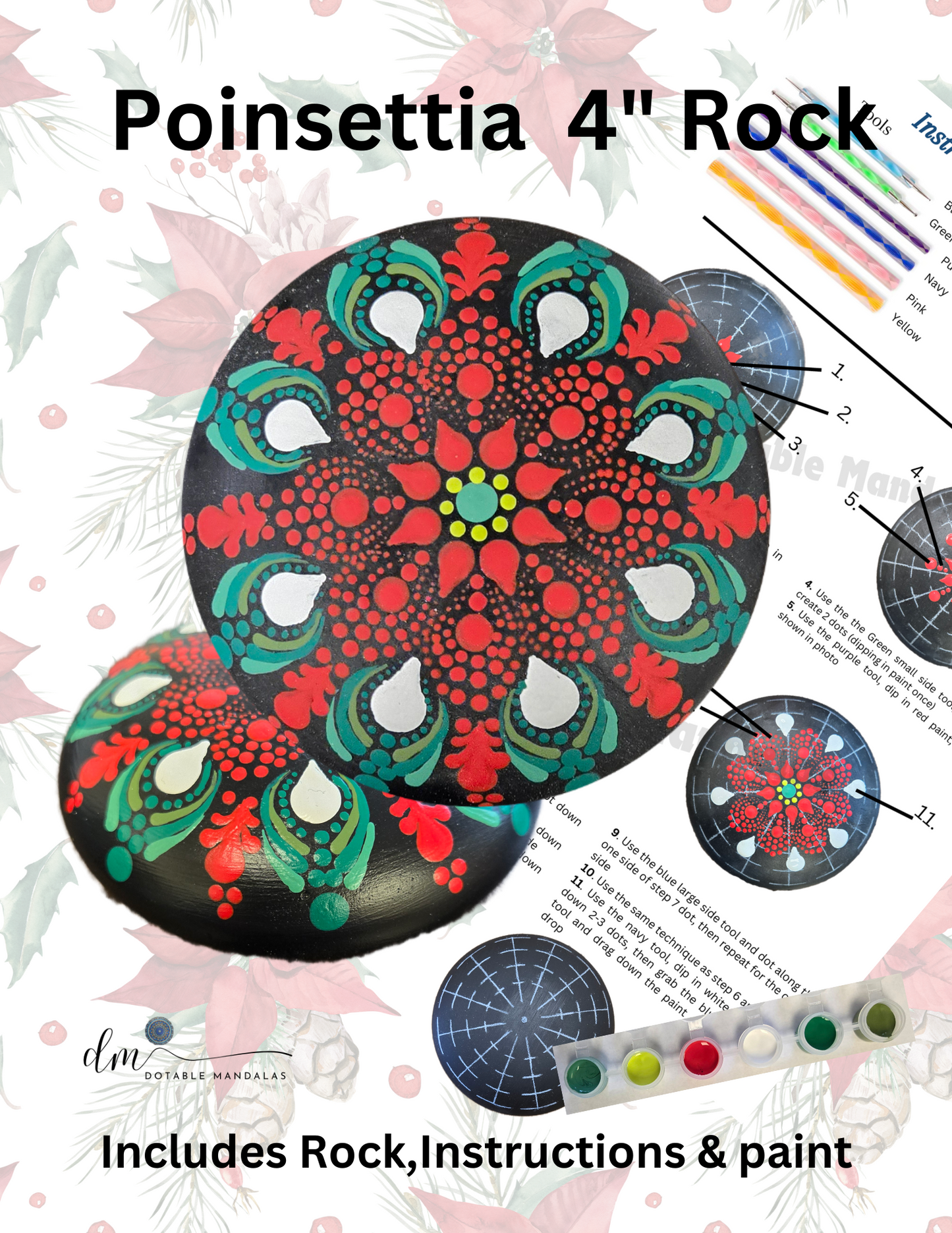 Poinsettia 4" Rock Dot-Painting Pattern Kit