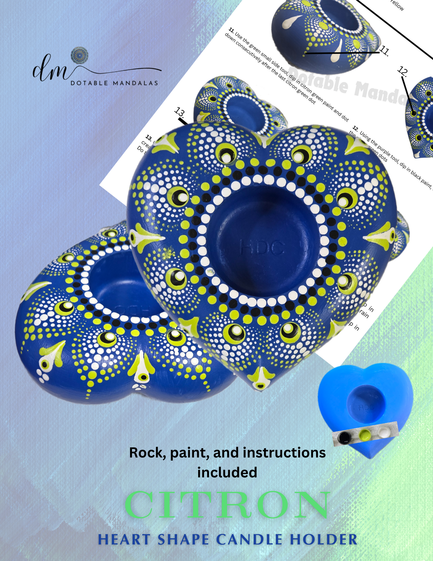 Blue and Citron Heart Shape Dot-Painting Pattern Kit