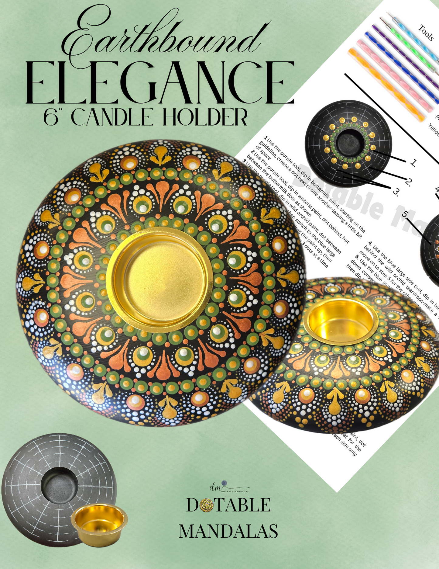 Earthbound Elegance – Dot-Painting 6" Candle Holder Pattern Kit with Gold Insert