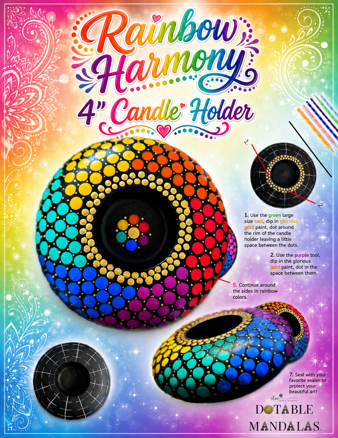 Rainbow Harmony 4" Candle Holder Dot-Painting Pattern Kit