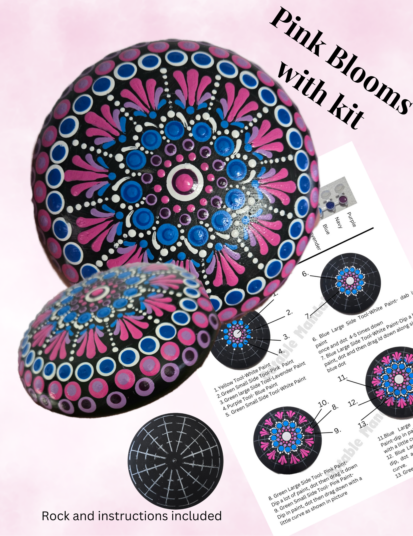 4" Pink Bloom Rock Dot-Painting Pattern Kit with Optional Add Ons