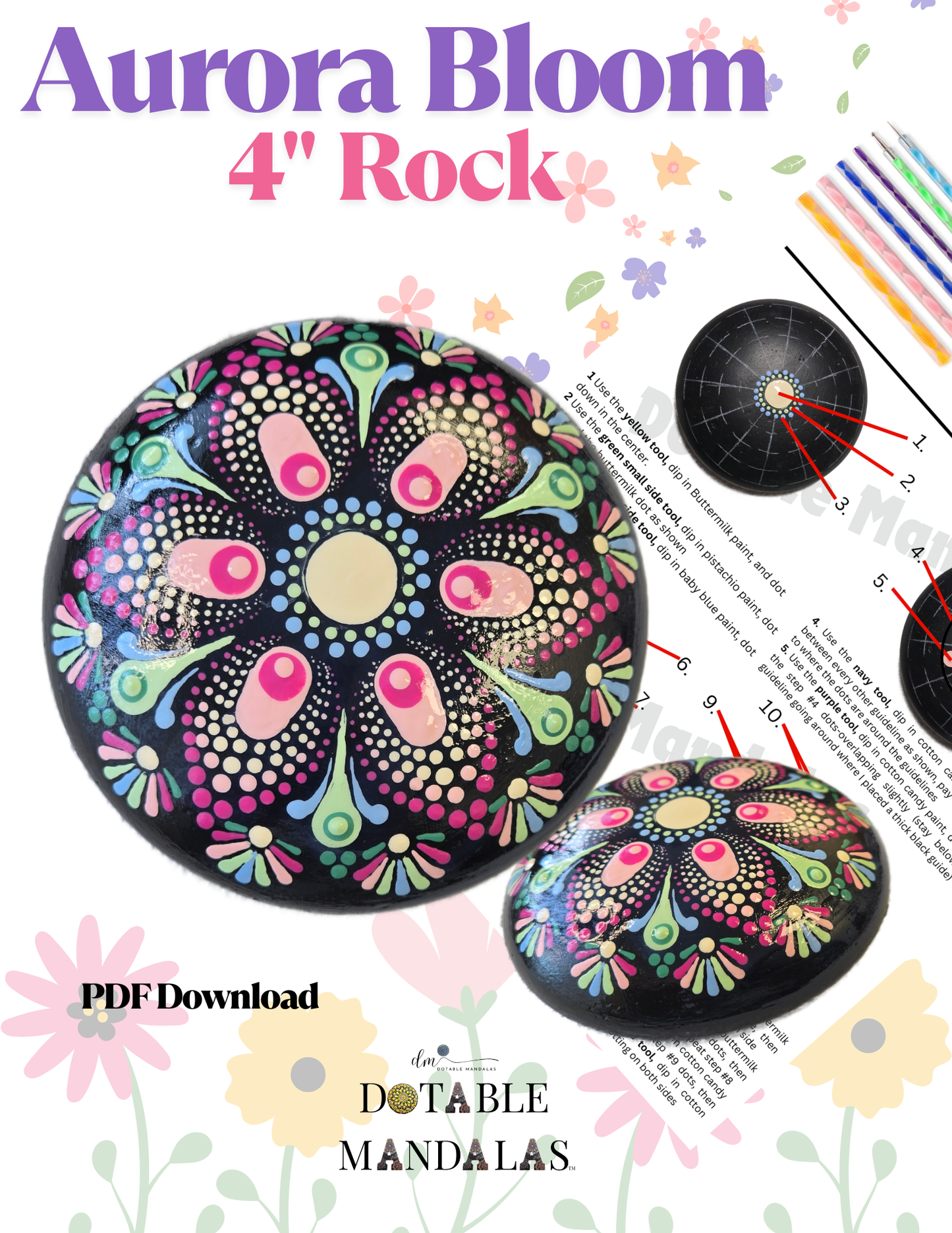 Aurora Bloom 4" Rock Dot-Painting Pattern-PDF Download