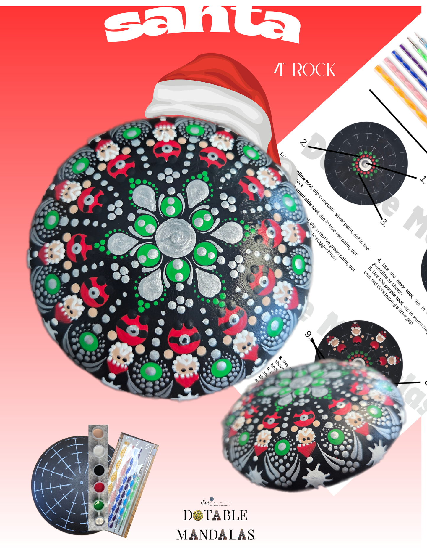 Santa 4" Rock Dot-Painting Pattern Kit