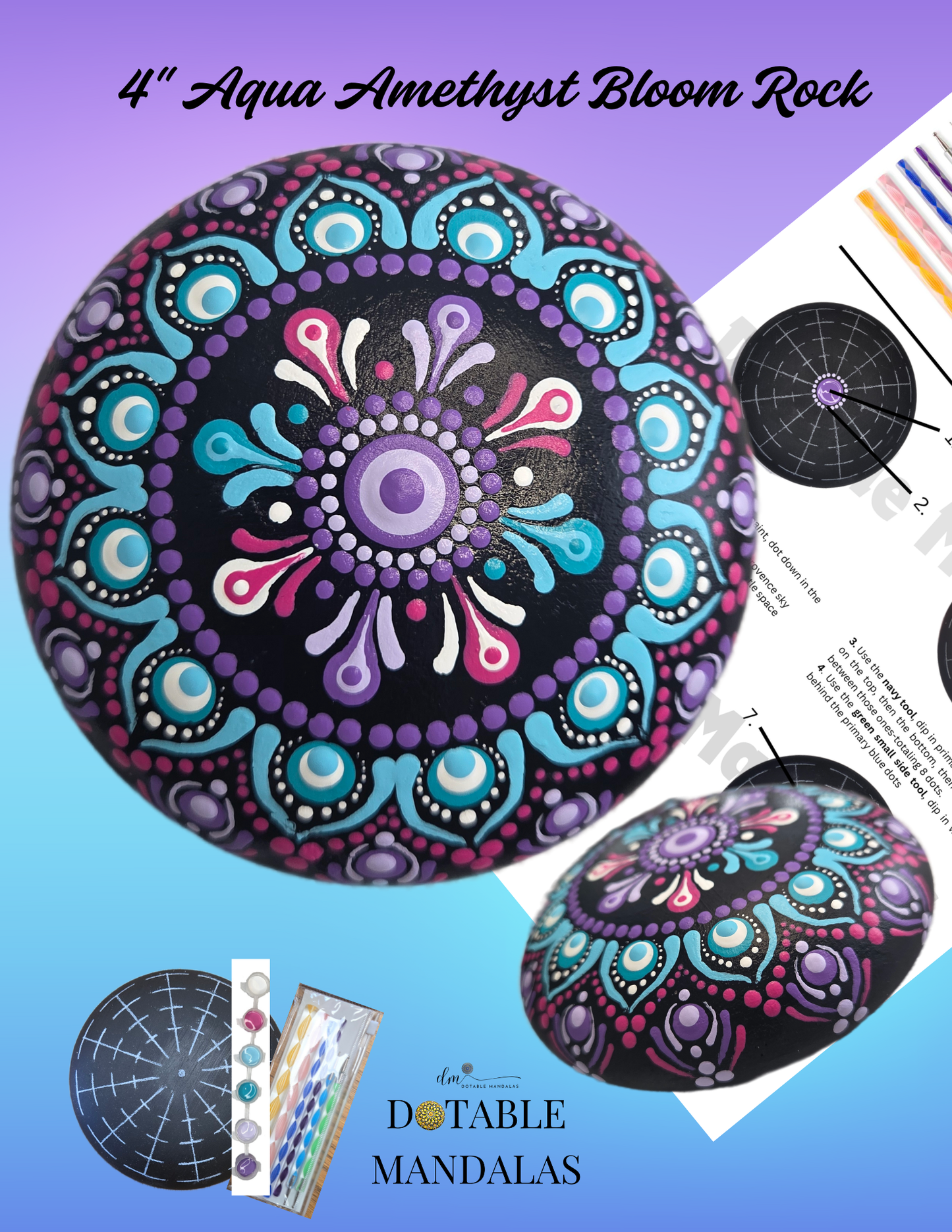 4" Aqua Amethyst Bloom Rock Dot-Painting Kit