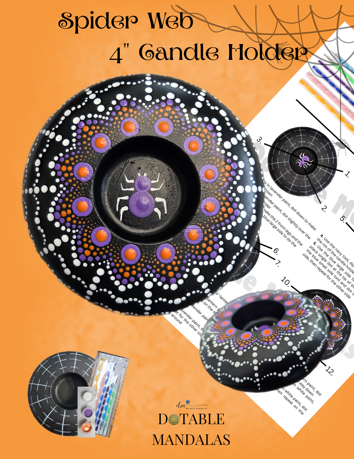Spider Web 4" Candle Holder Dot-Painting Pattern Kit