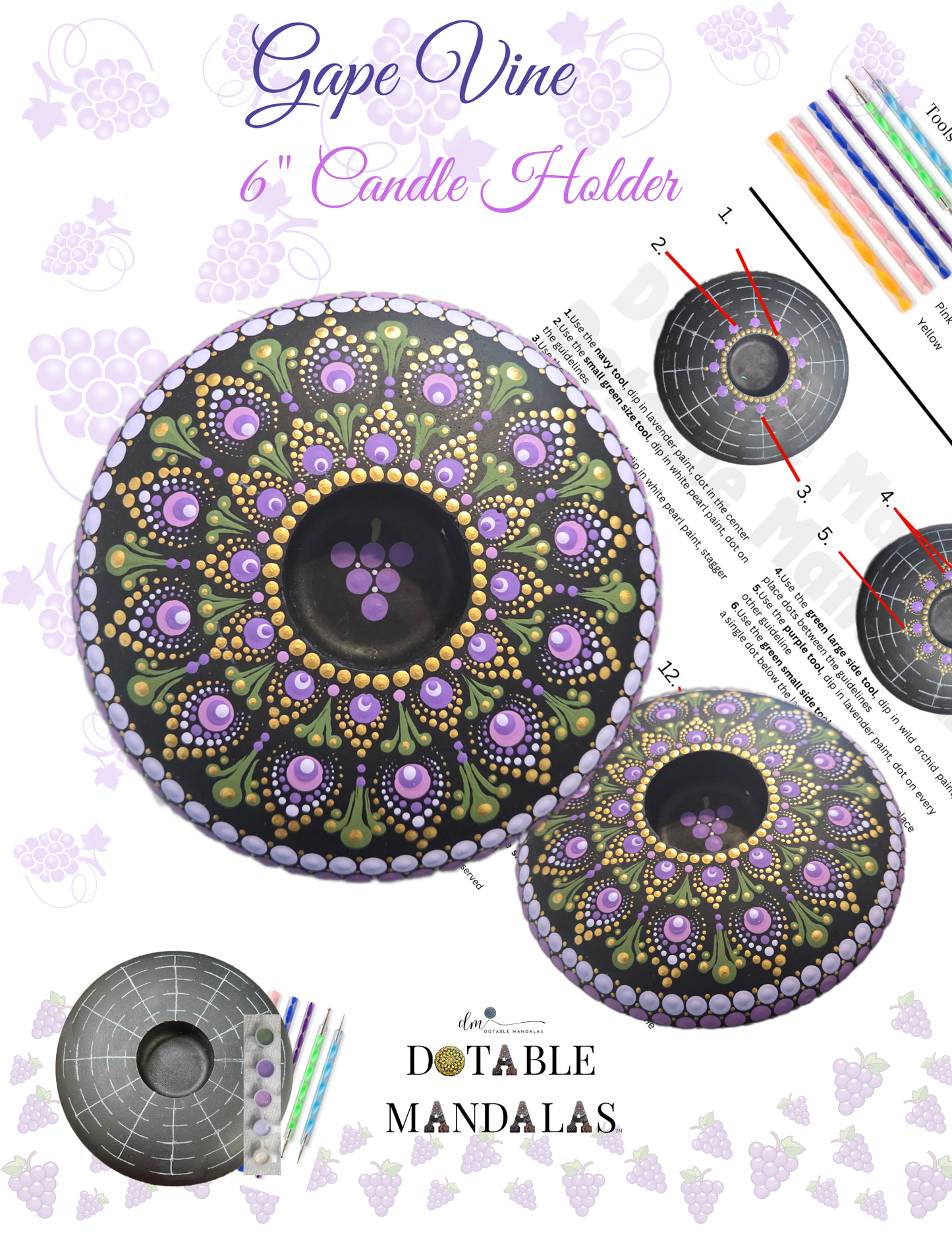 Grape Vine 6" Candle Holder – Dot-Painting Mandala Kit