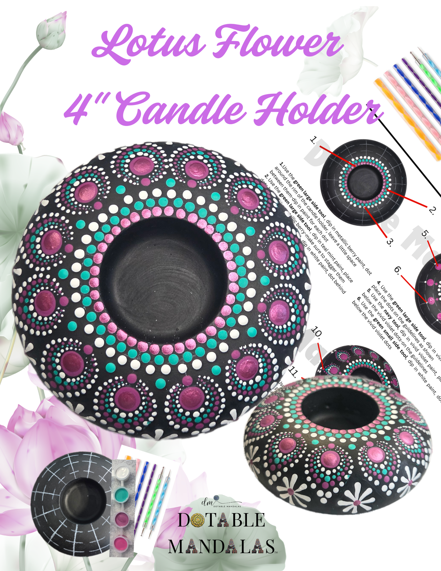 Lotus Flower 4" Candle Holder Dot-Painting Pattern Kit