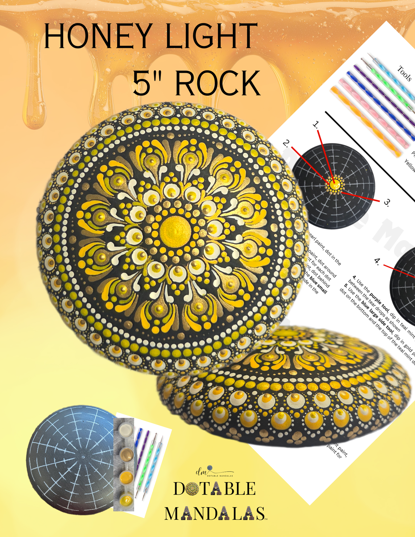 Honey Light Mandala – 5" Rock Dot-Painting Kit