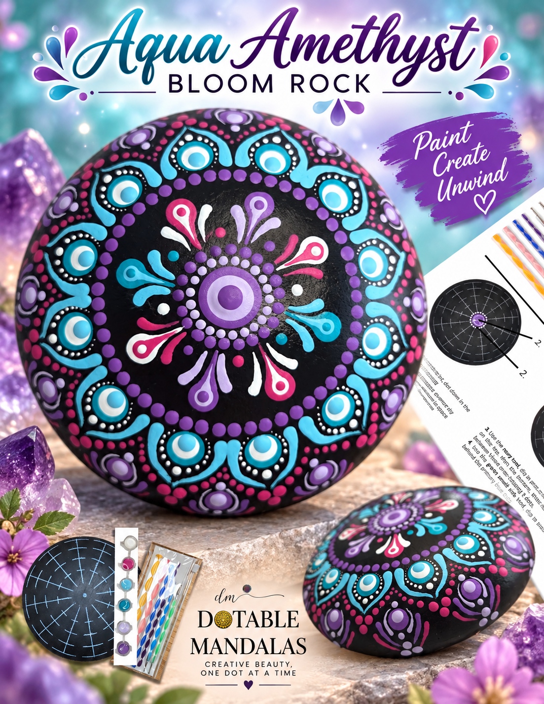 Aqua Amethyst Bloom 4" Rock Dot-Painting Pattern Kit