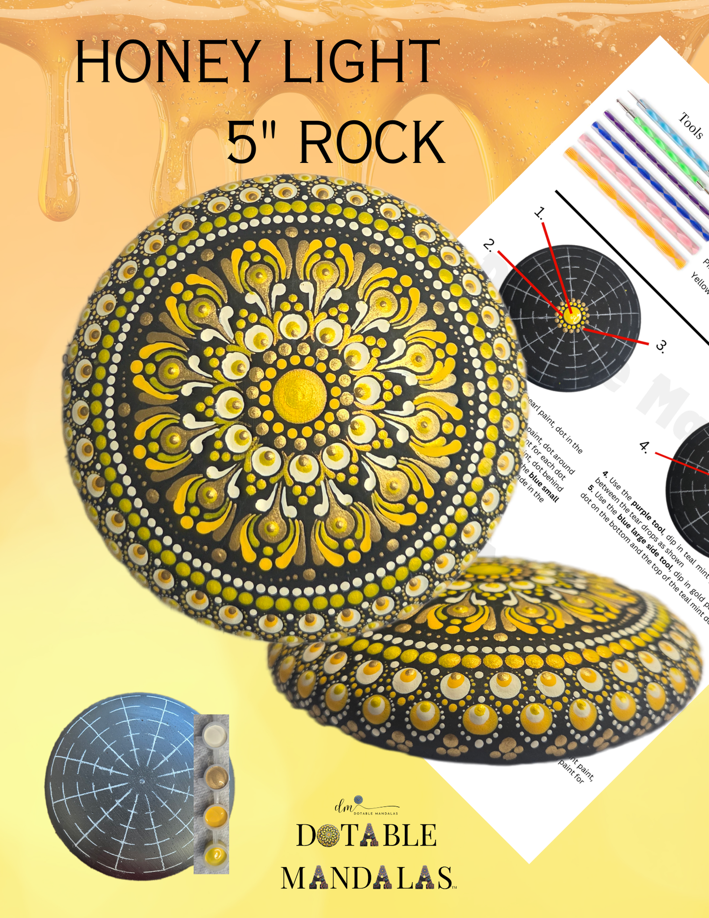 Honey Light Mandala – 5" Rock Dot-Painting Kit