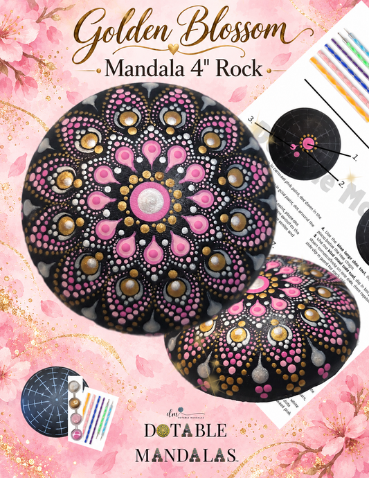 Pink and Gold Blossom Mandala Rock Dot-Painting Pattern Kit