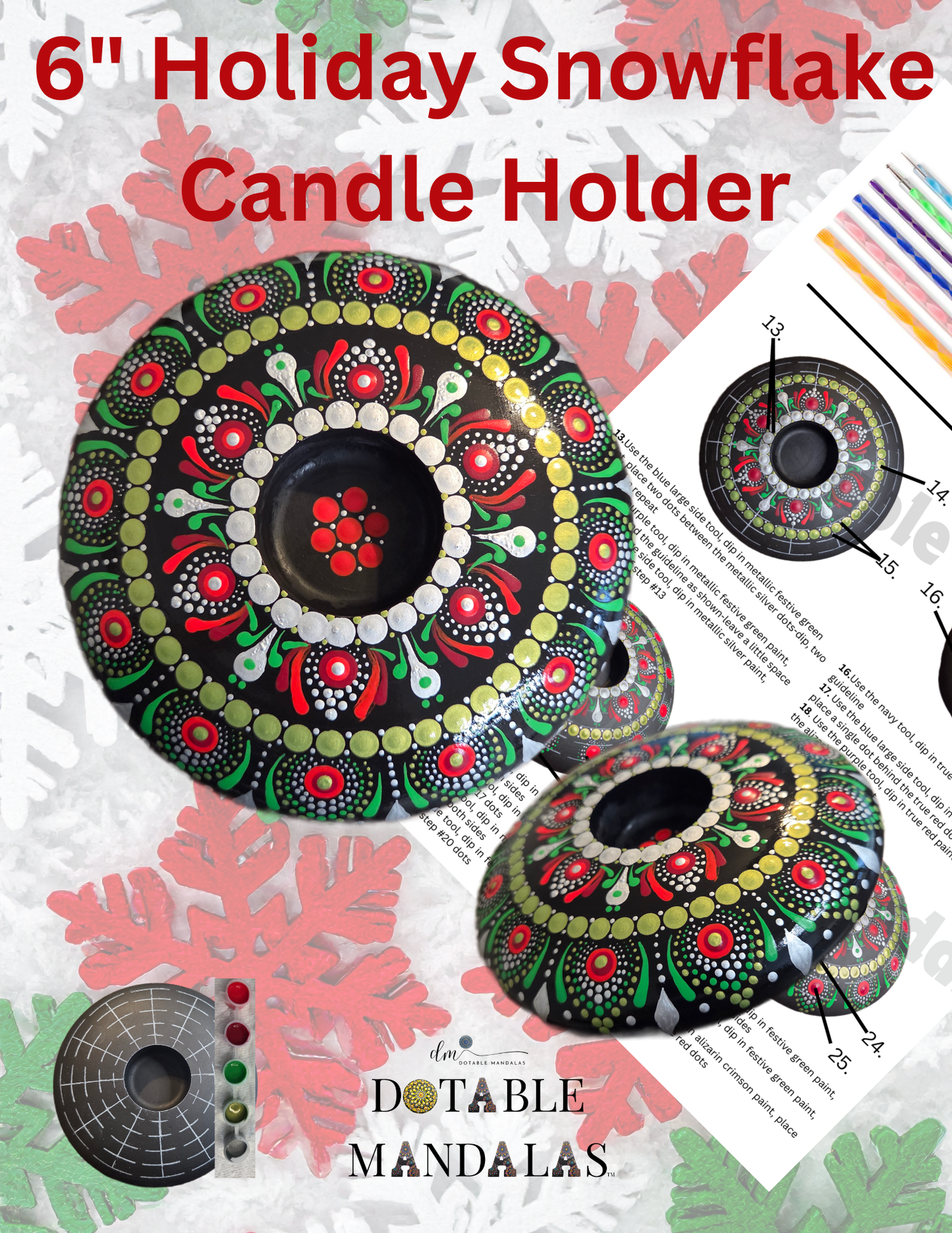 6" Holiday Snowflake Candle Holder Dot-Painting Pattern Kit