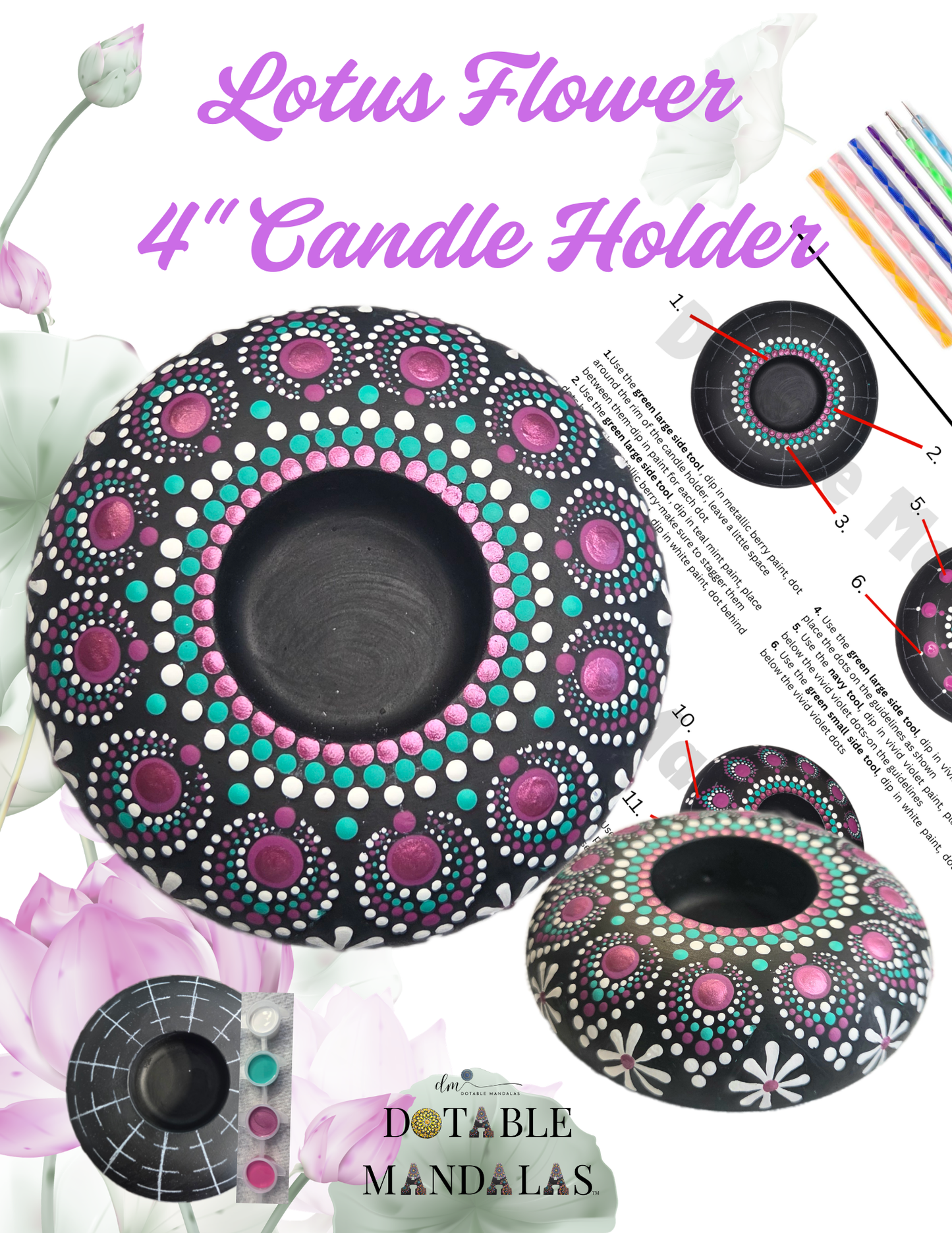 Lotus Flower 4" Candle Holder Dot-Painting Pattern Kit