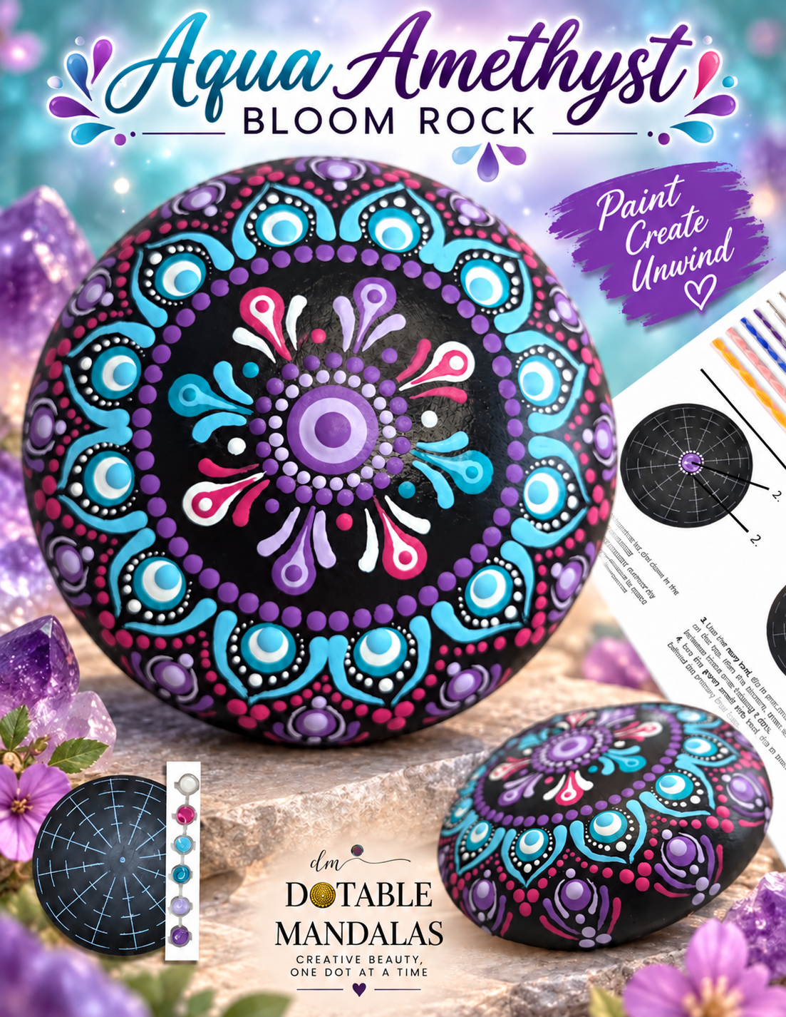 Aqua Amethyst Bloom 4" Rock Dot-Painting Pattern Kit