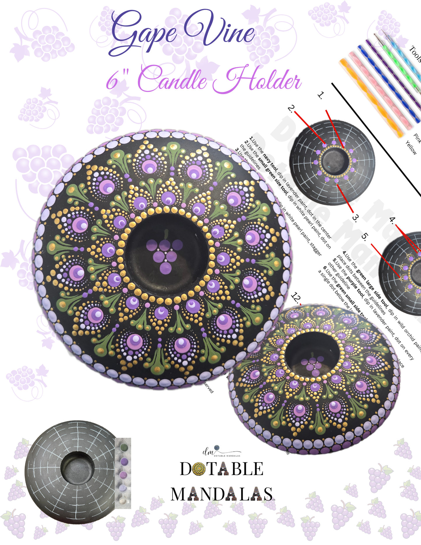 Grape Vine 6" Candle Holder – Dot-Painting Mandala Kit