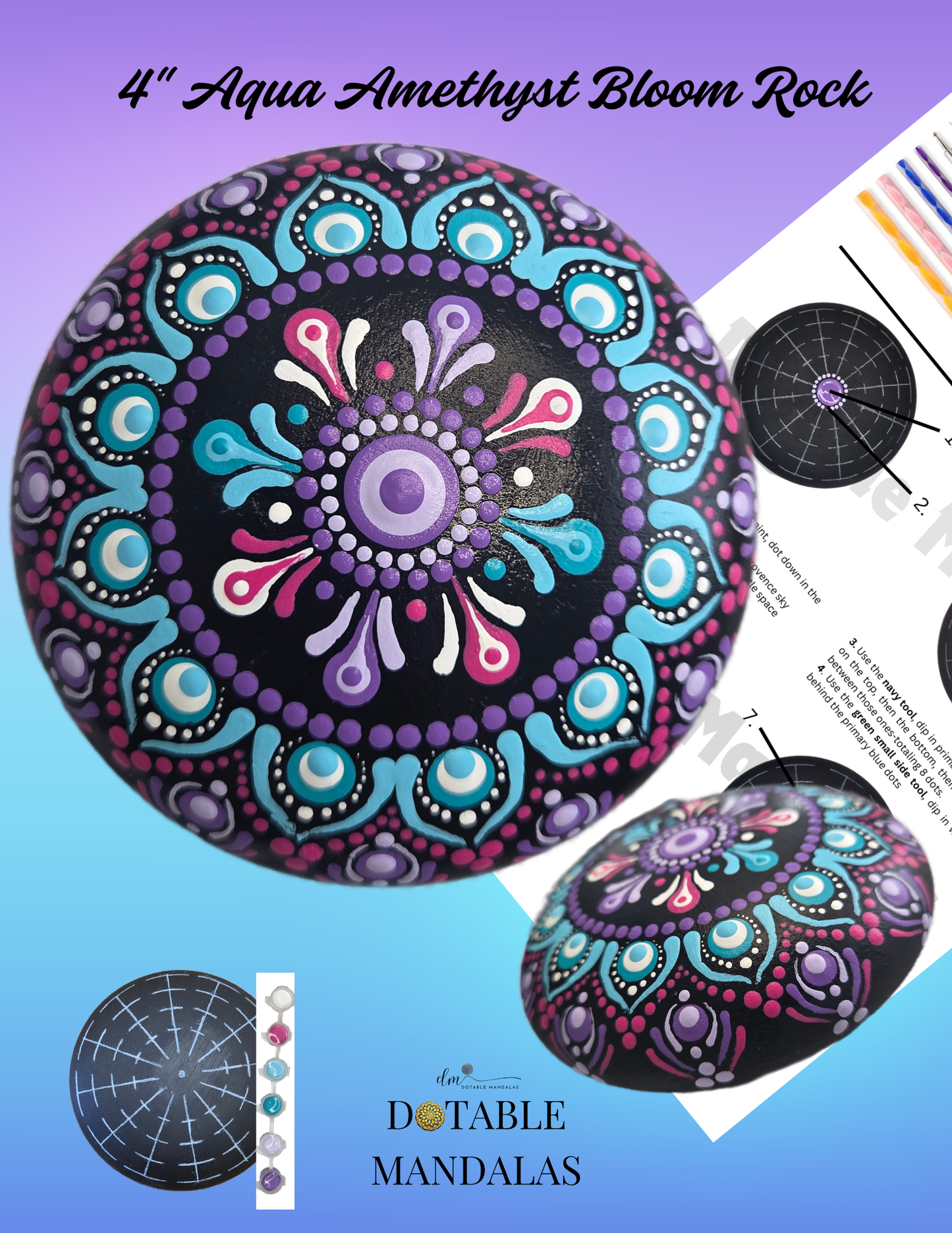 4" Aqua Amethyst Bloom Rock Dot-Painting Kit