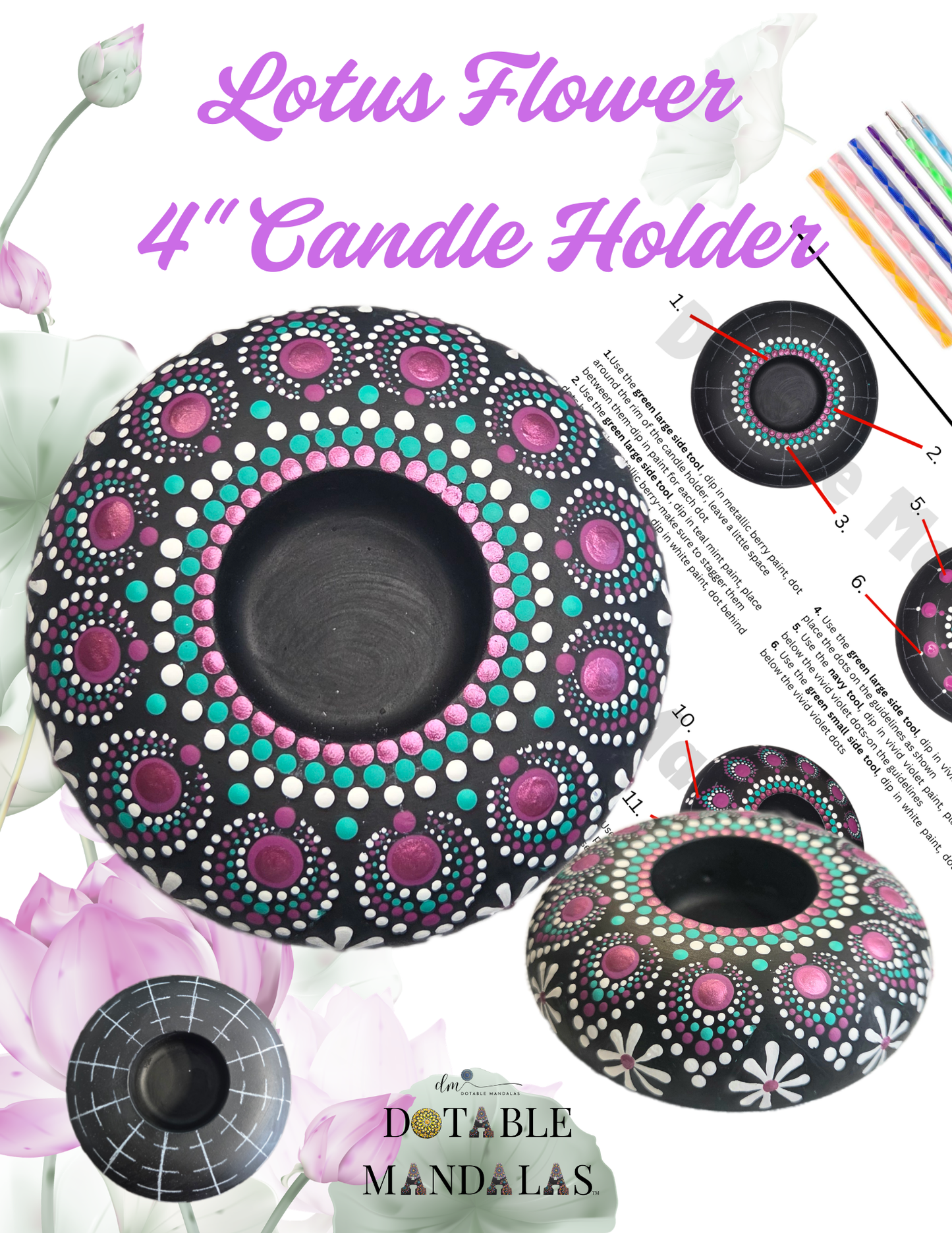 Lotus Flower 4" Candle Holder Dot-Painting Pattern Kit