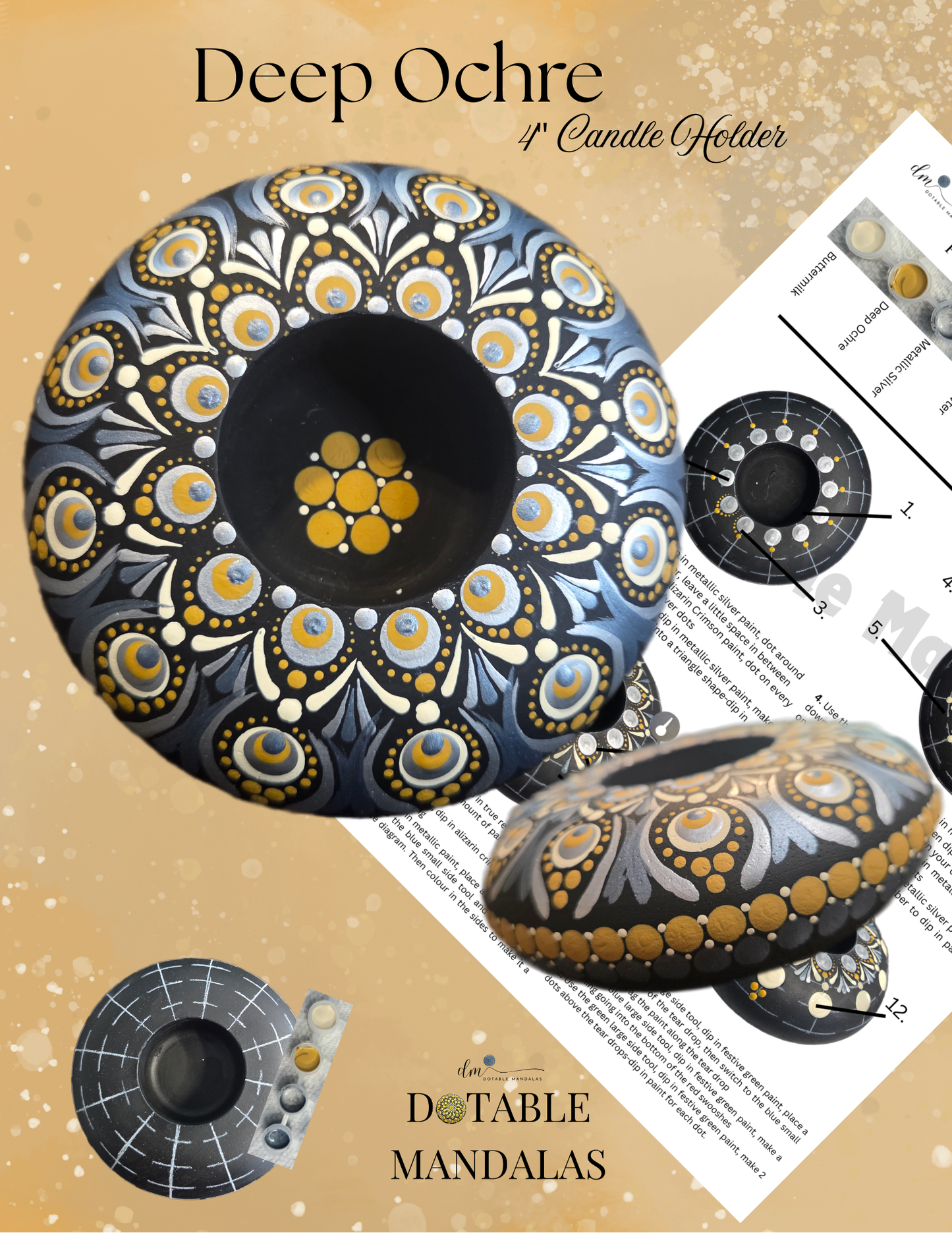 Deep Ochre 4" Candle Holder Dot-Painting Pattern Kit