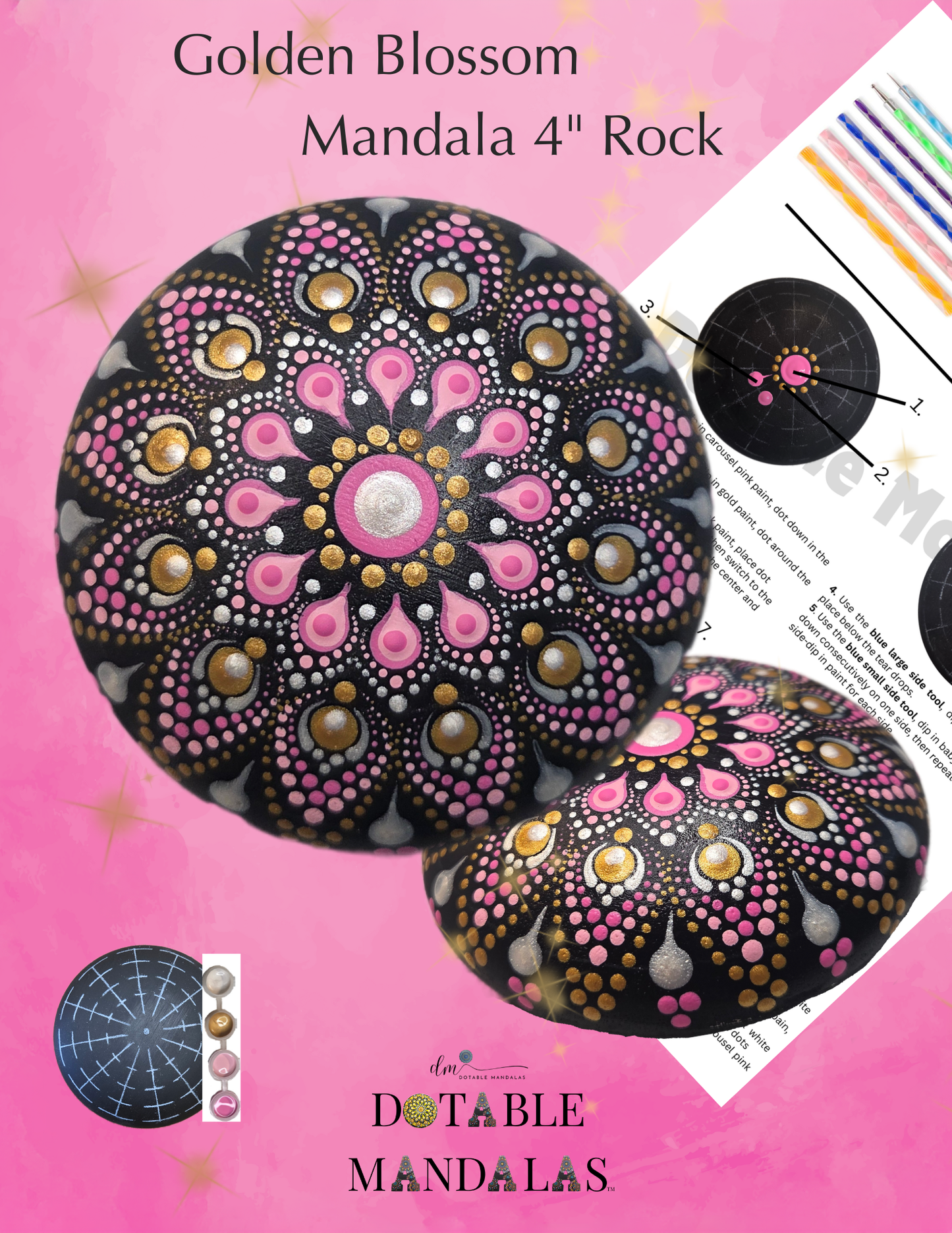 Pink and Gold Blossom Mandala Rock Dot-Painting Pattern Kit
