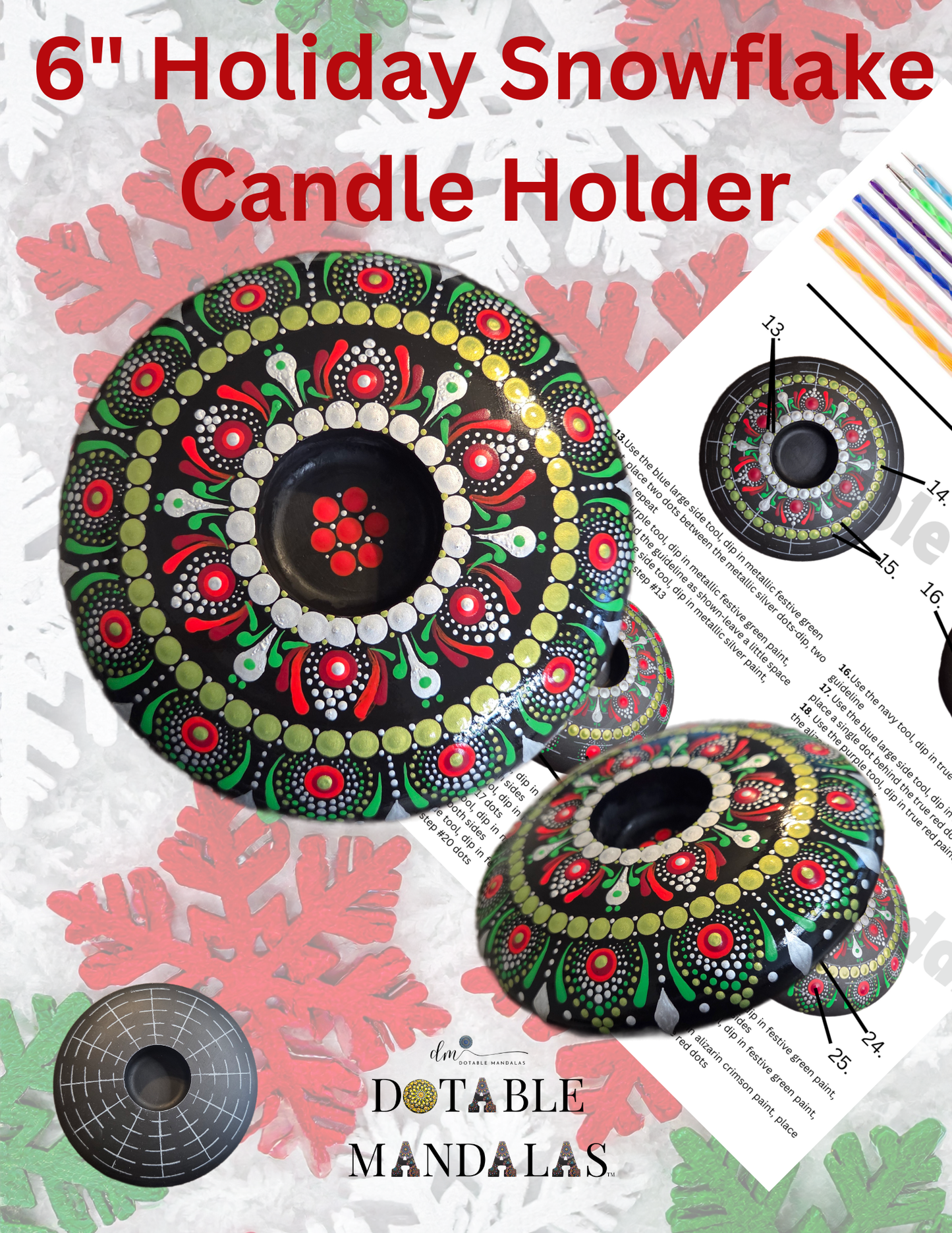 6" Holiday Snowflake Candle Holder Dot-Painting Pattern Kit