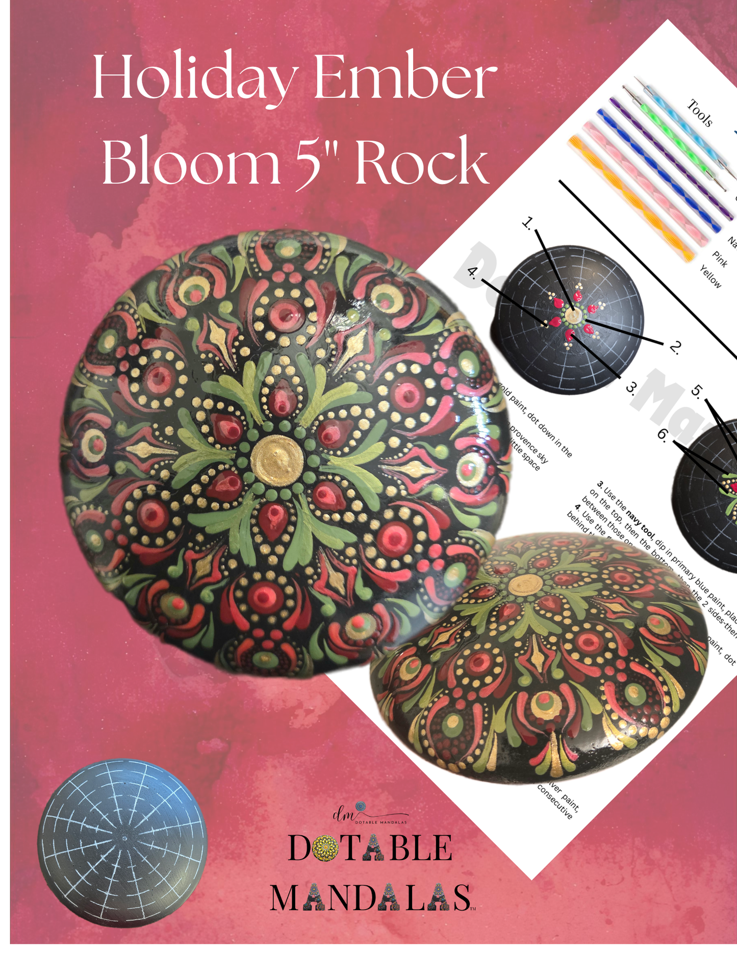Holiday Ember Bloom 5"Rock Dot-Painting Pattern Kit