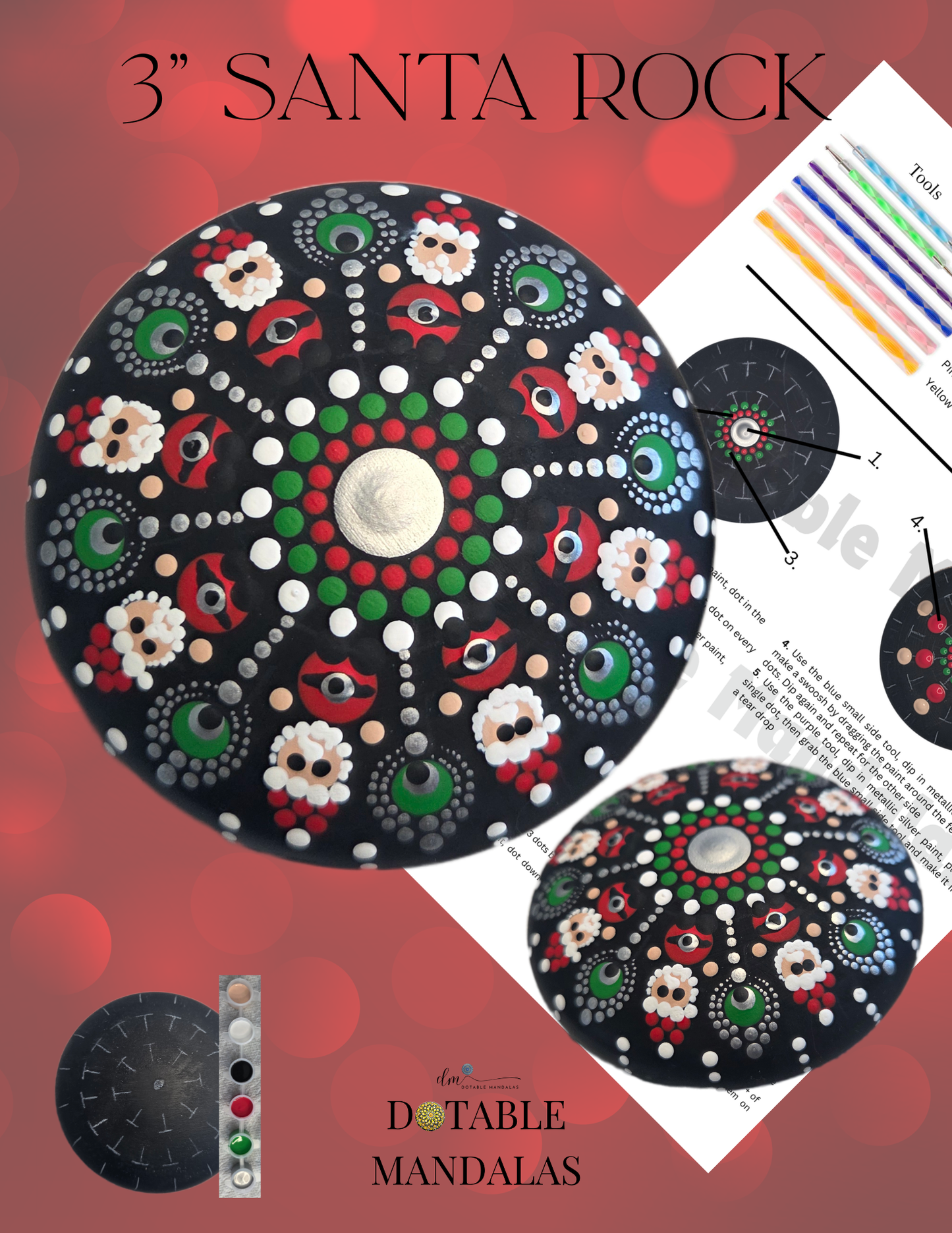 Santa 3" Rock Dot-Painting Pattern Kit (Kid-Friendly)